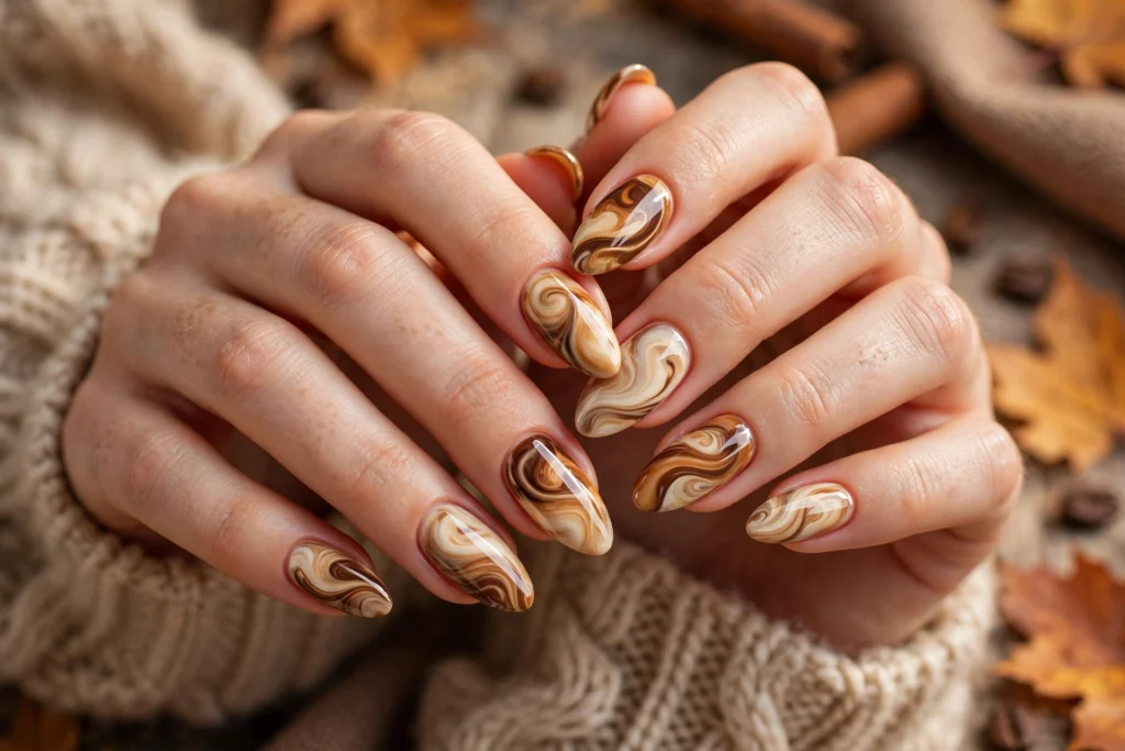 Coffee marble latte nail design