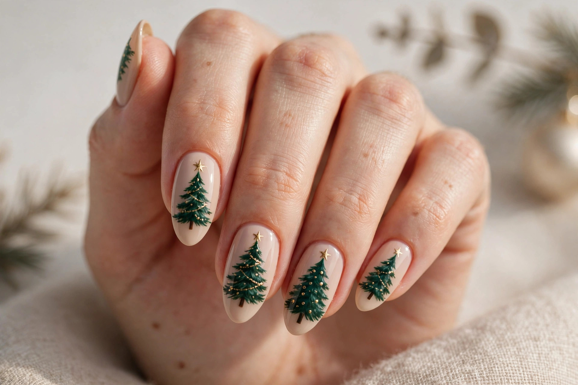 Classic deep green Christmas tree nail art on a nude base with a gold star topper