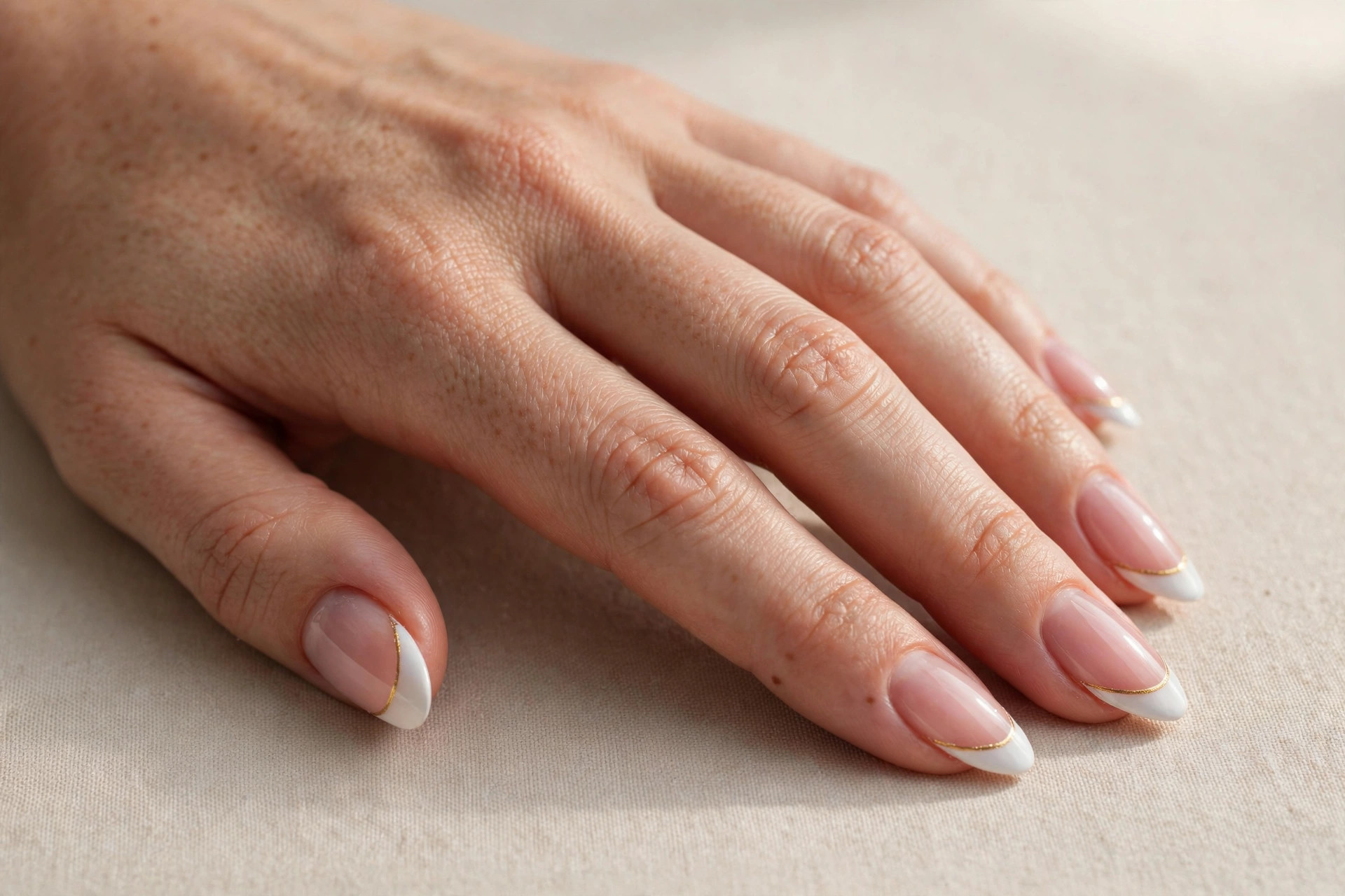 Classic white French tips with a thin gold line along the smile line, an elegant modern French nail design for October