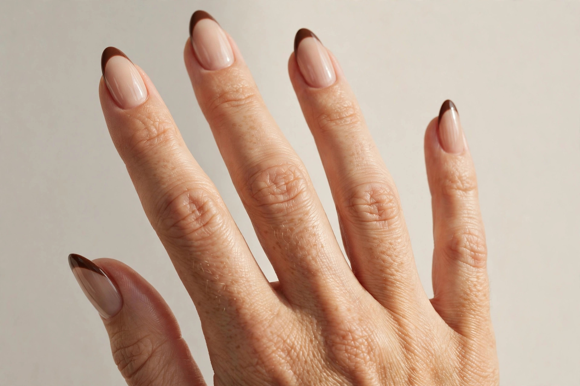 Rich chocolate brown French tips on a glossy nude base for October