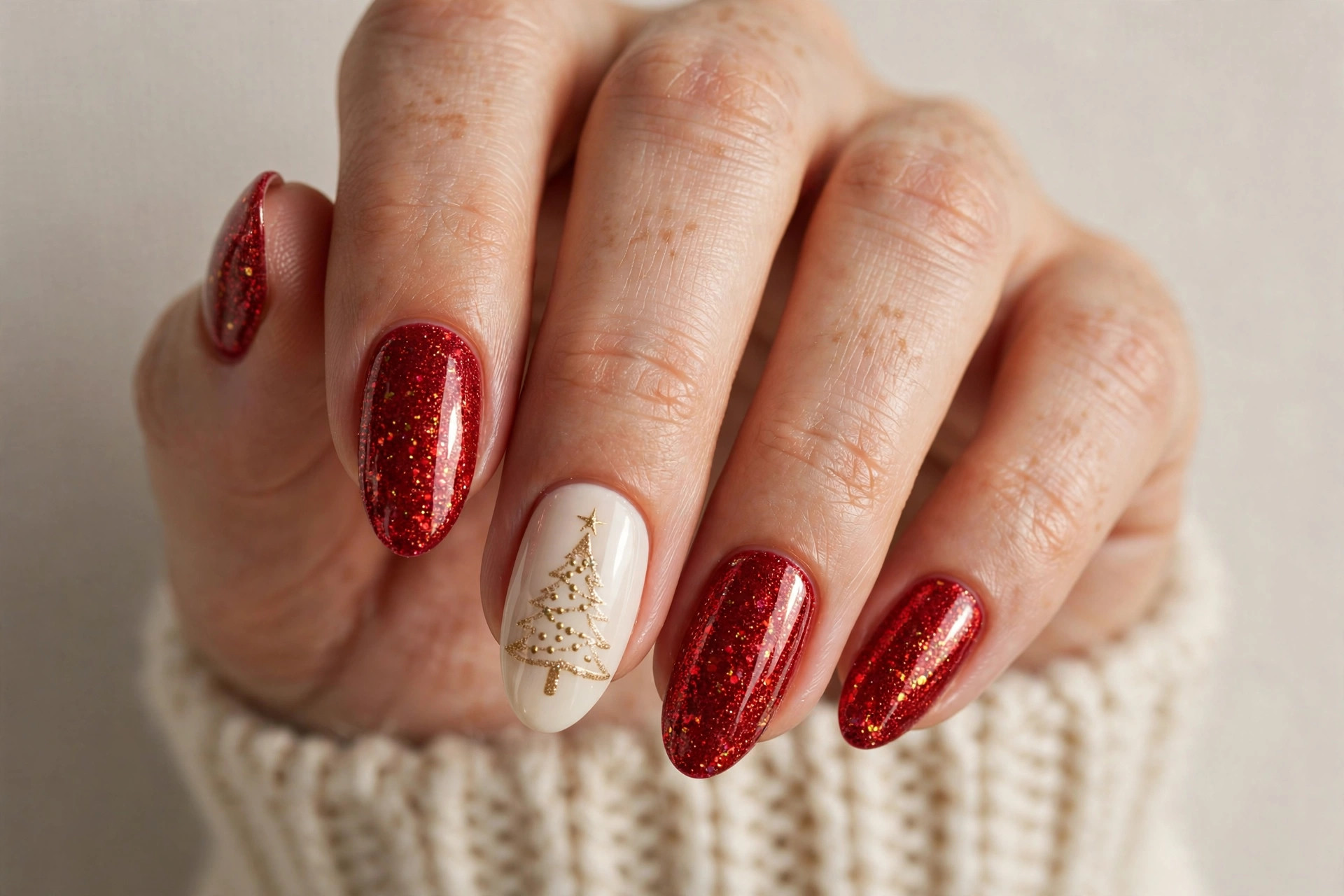 Red glitter nails with gold Christmas tree accents on a cream base