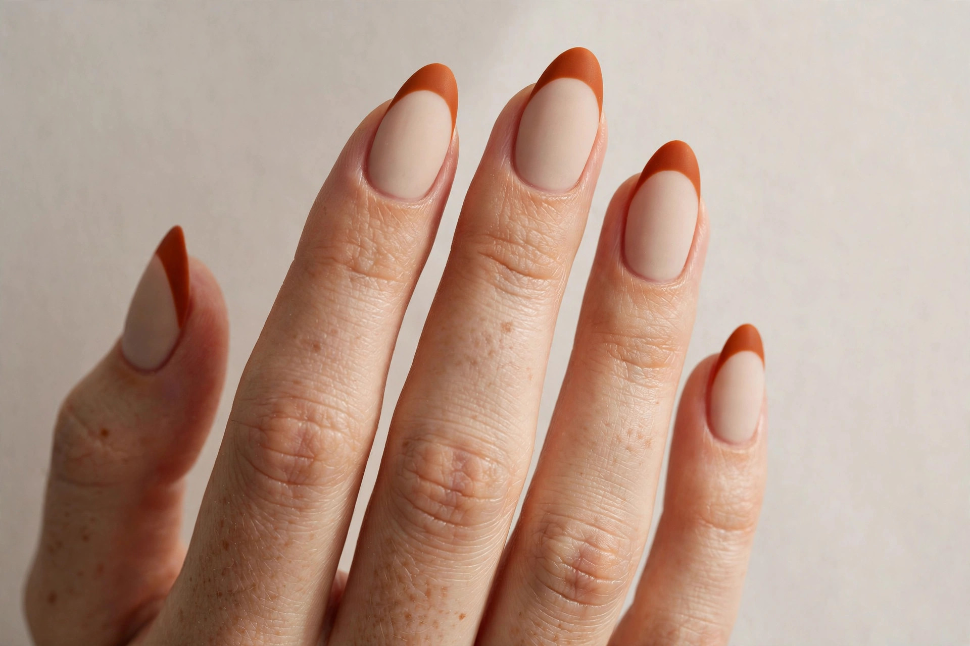 Burnt orange matte French tips on a milky beige base, an October nail idea