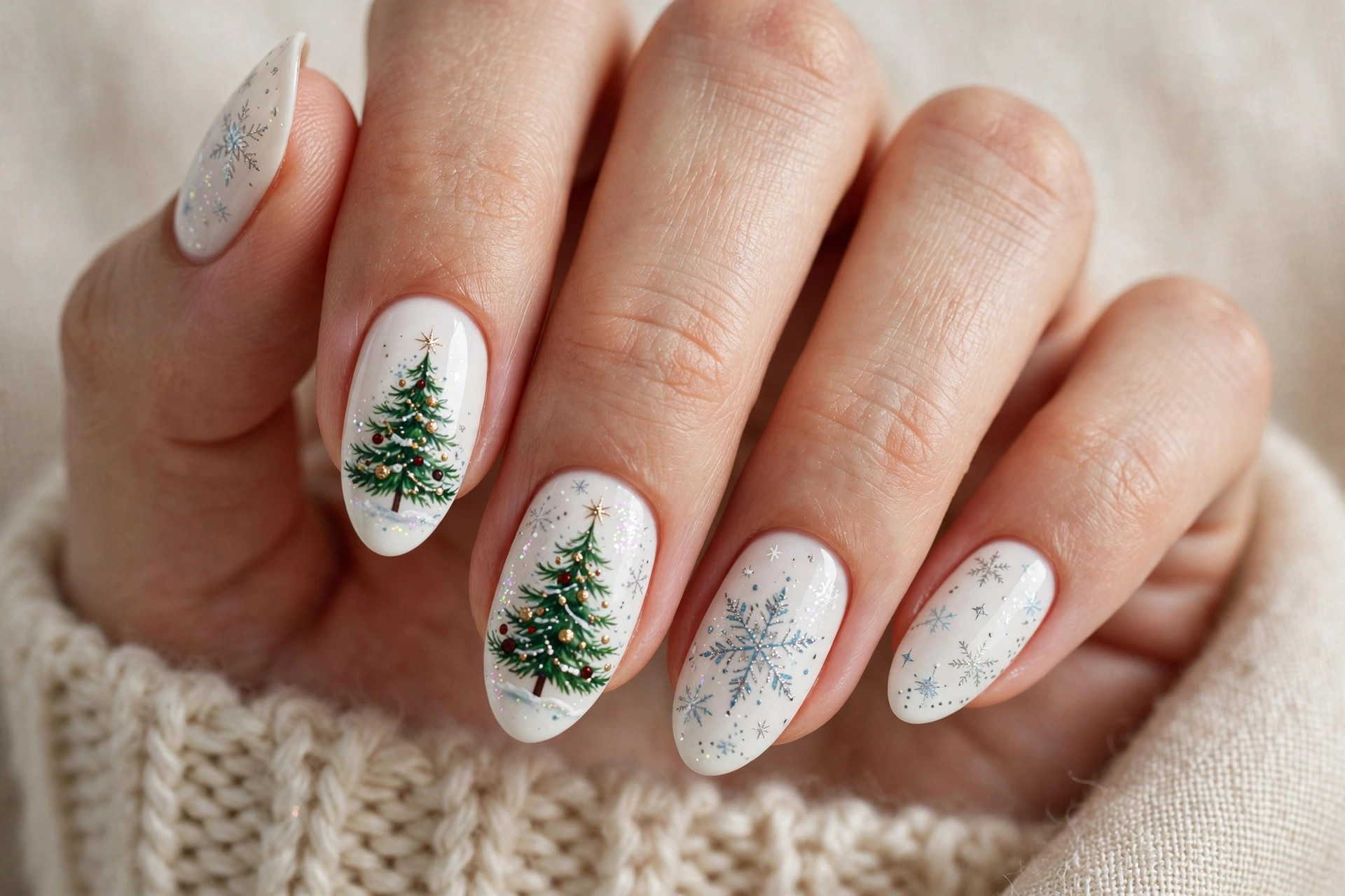Christmas tree nail art on a white base with delicate snowflake details