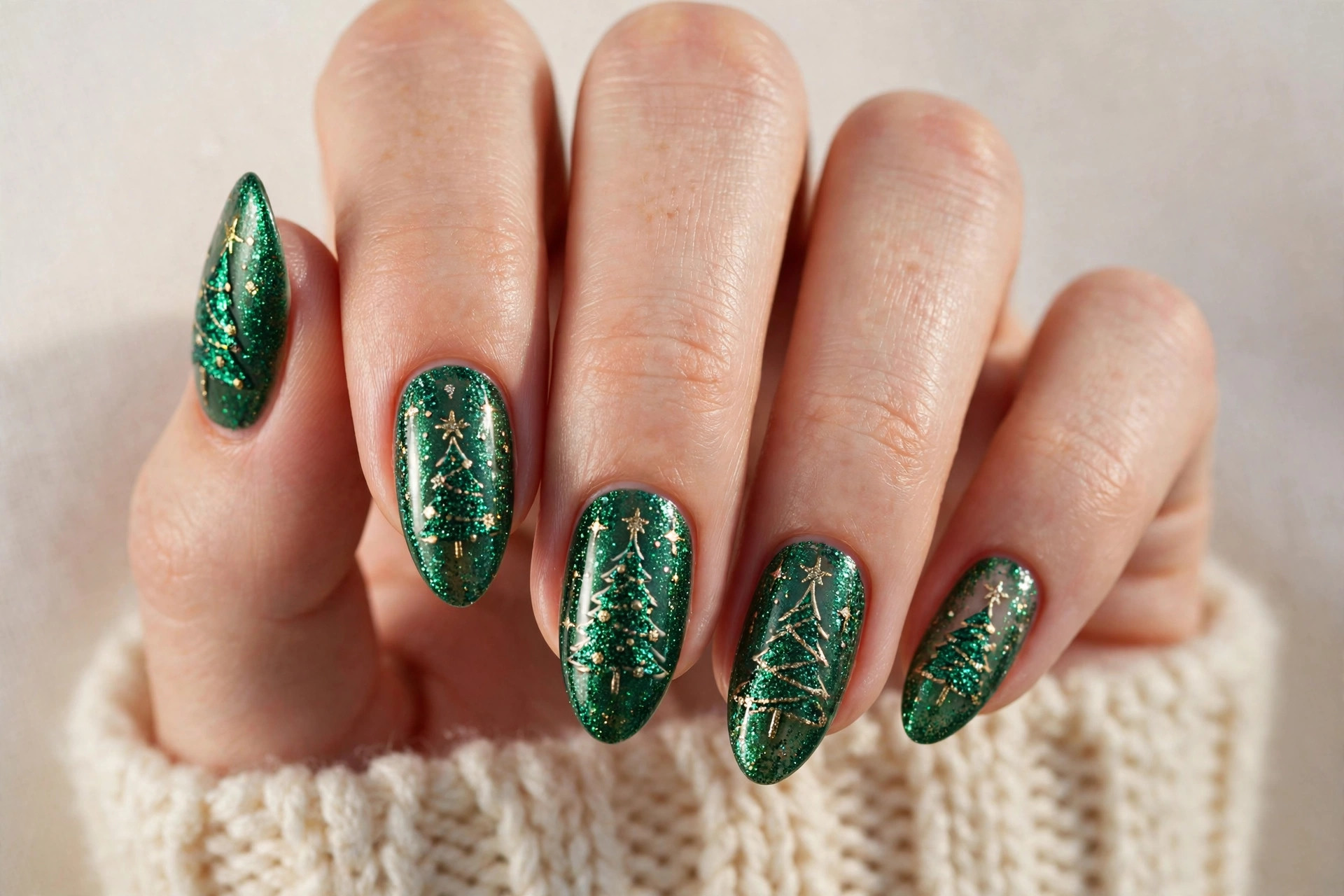 Emerald green glitter Christmas trees on almond-shaped nails