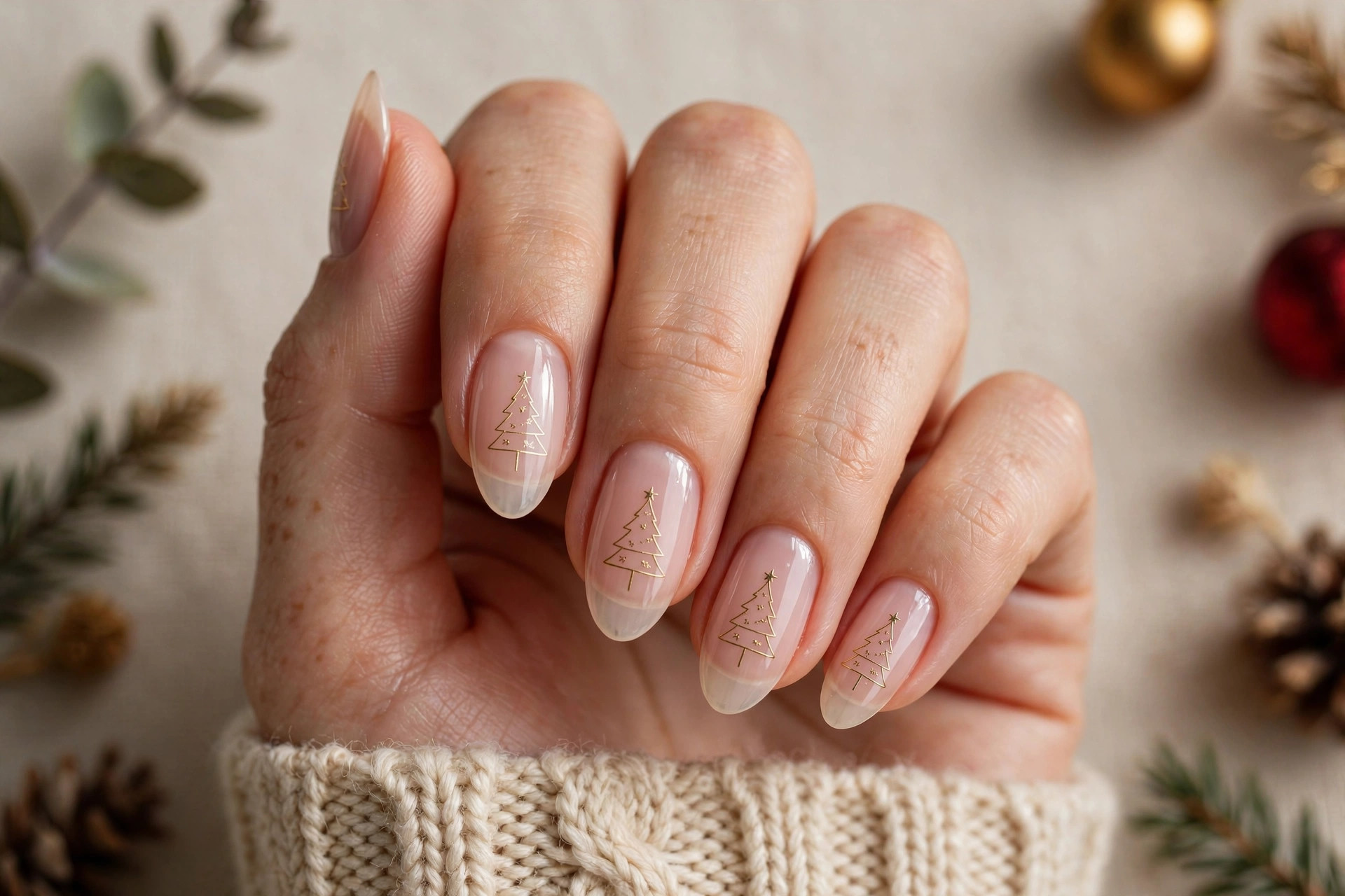 Minimalist gold line-art Christmas tree on sheer pink nude nails