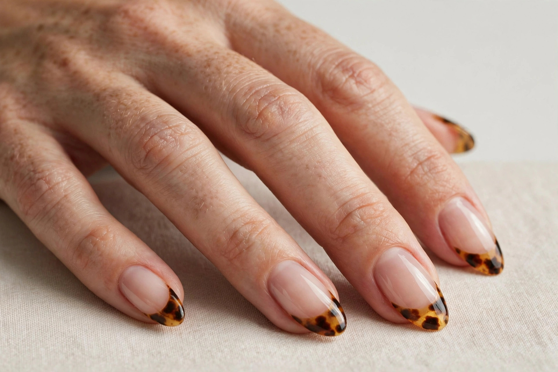 Tortoiseshell amber pattern French tips on a clear nude base