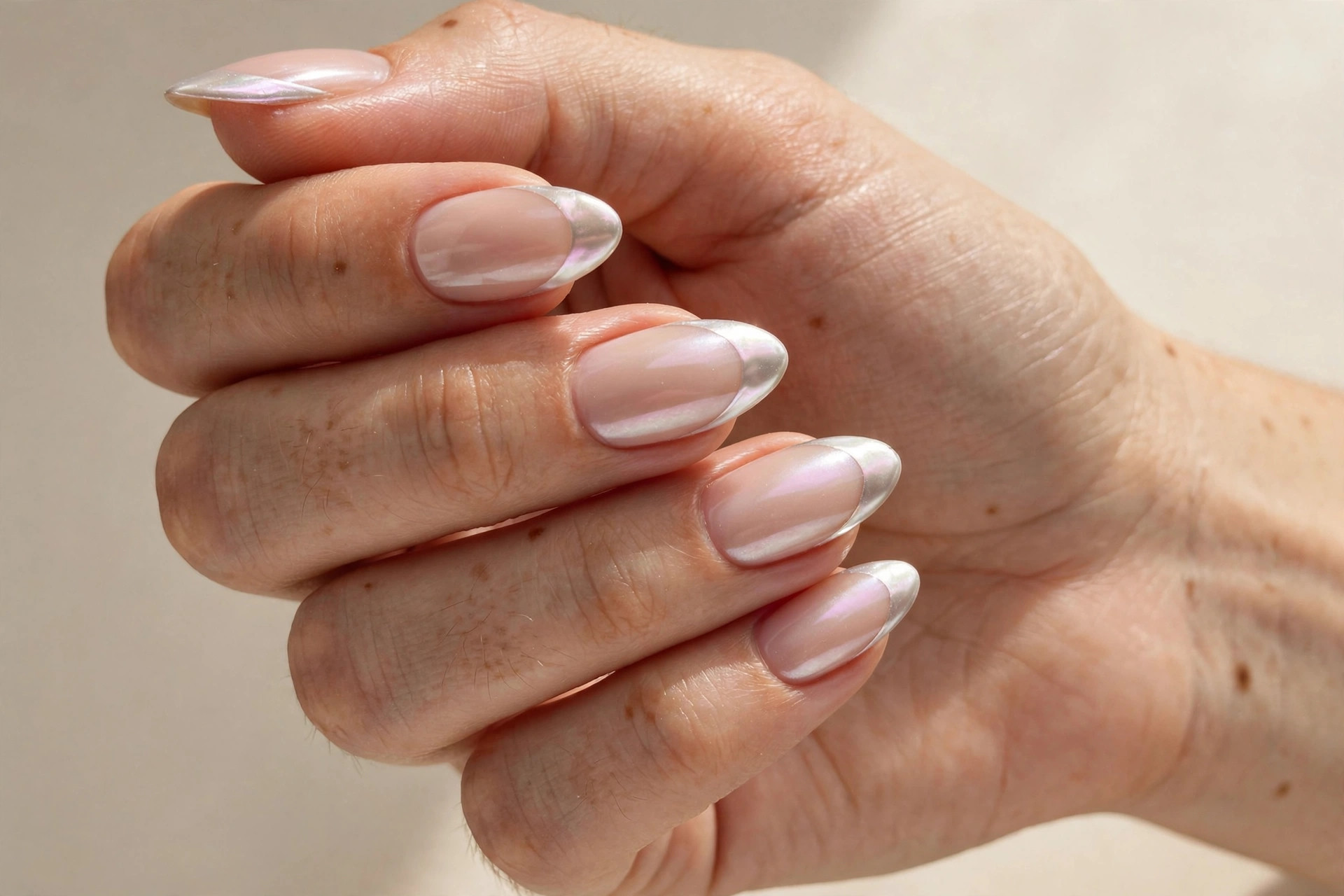 White chrome glazed French tips with a pearly shine on a nude base