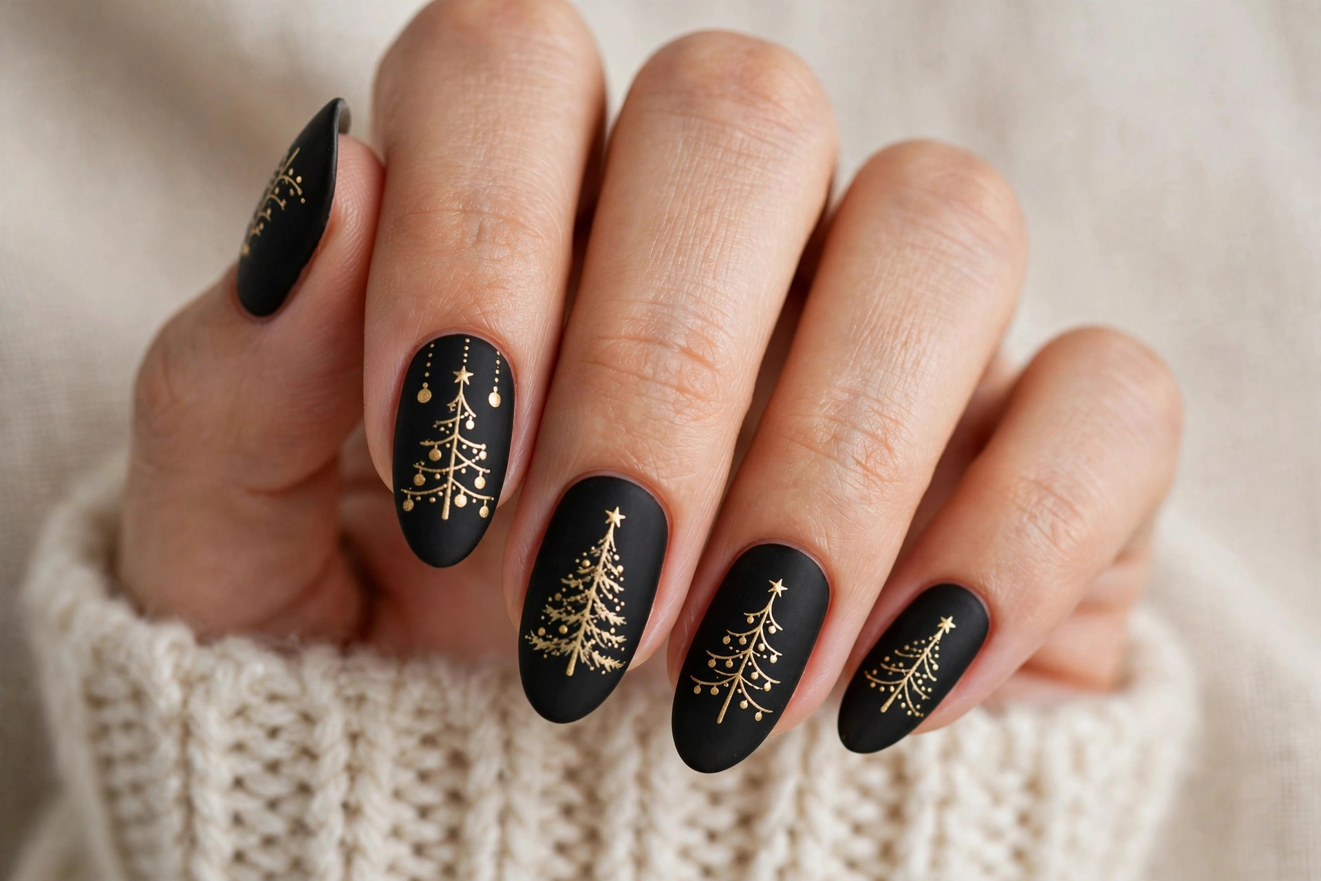 Christmas tree with gold ornaments painted on matte black nails