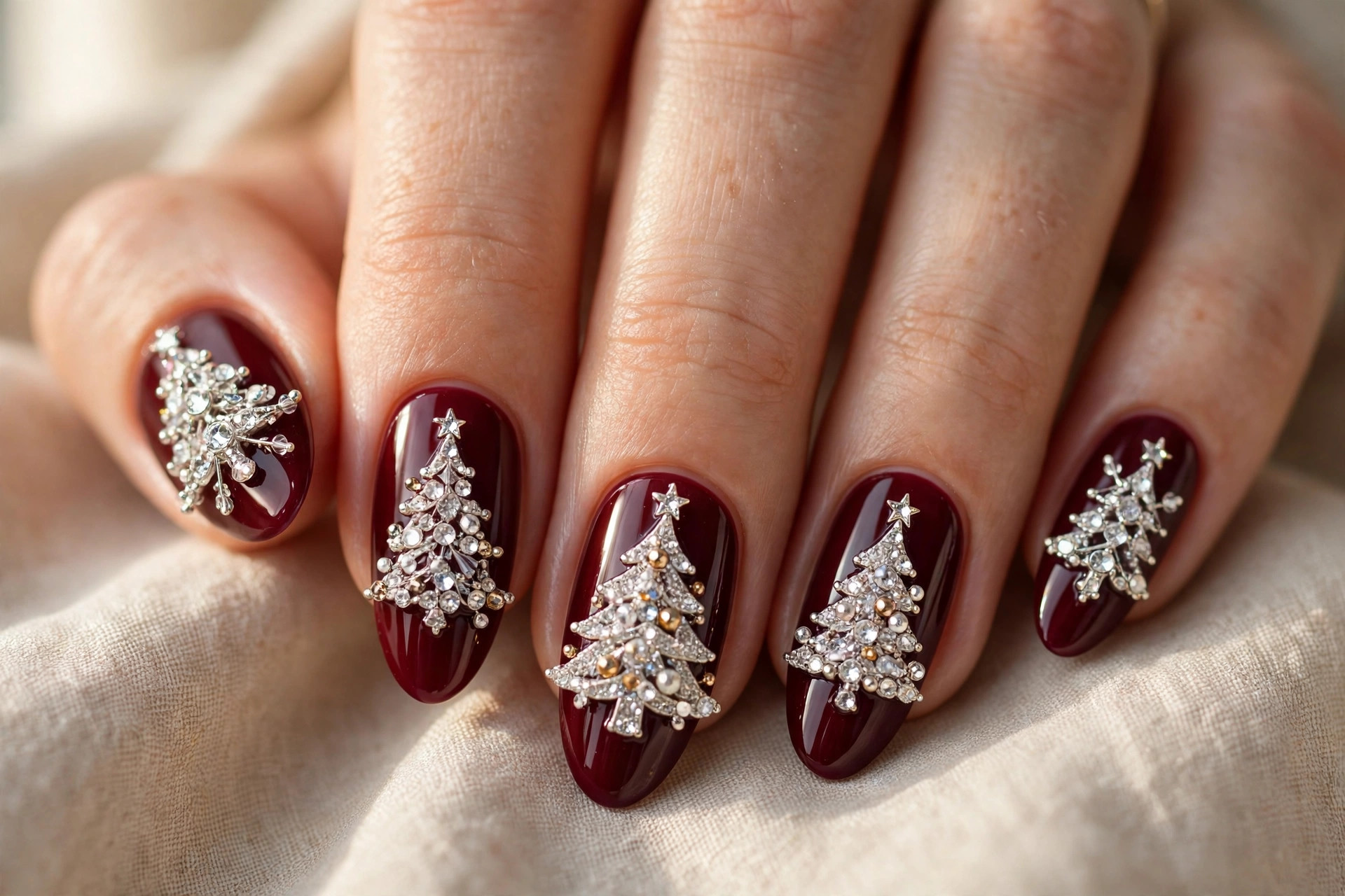 3D rhinestone and crystal Christmas tree on elegant burgundy nails