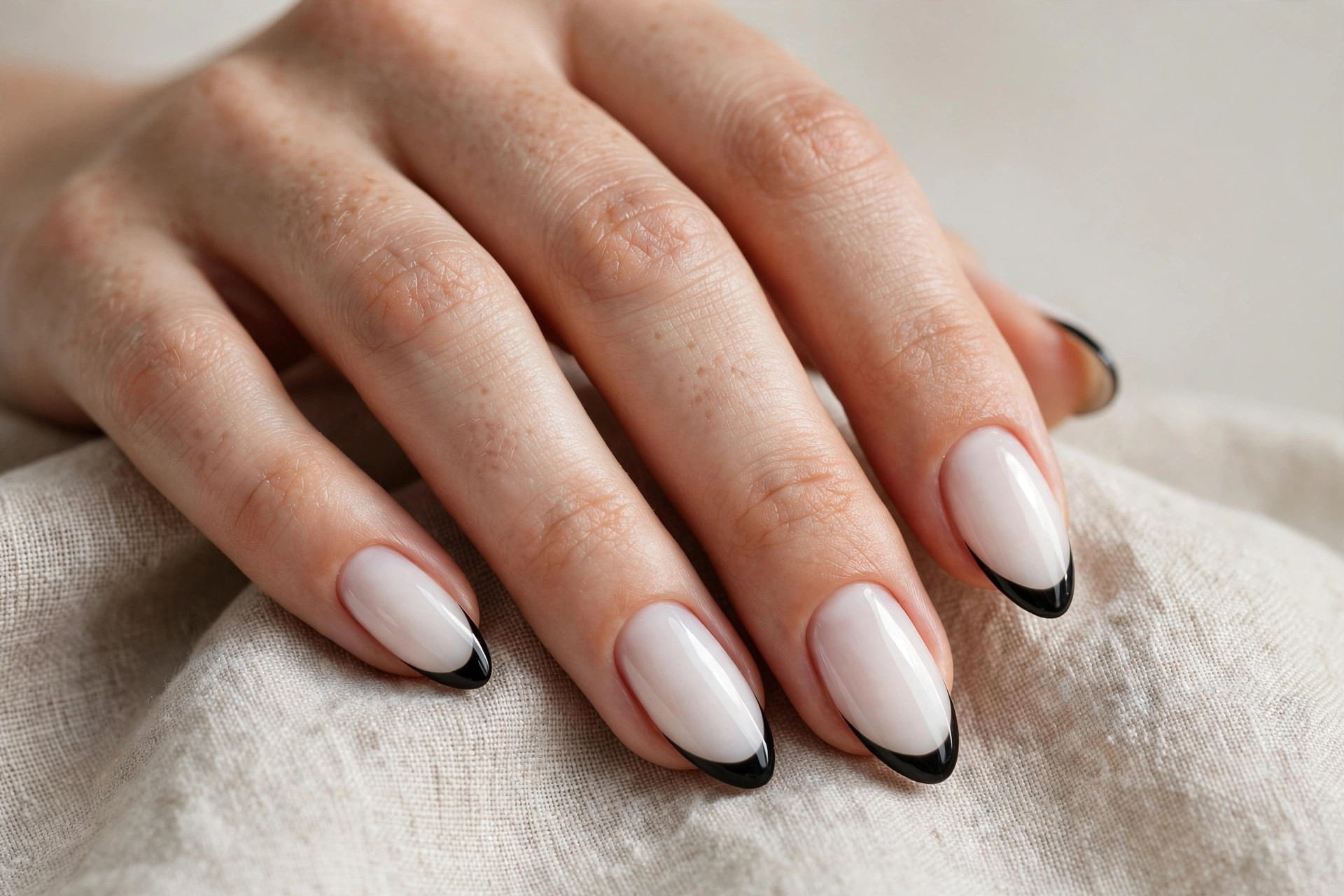 Black French tips on a glossy milky white base, an edgy October design