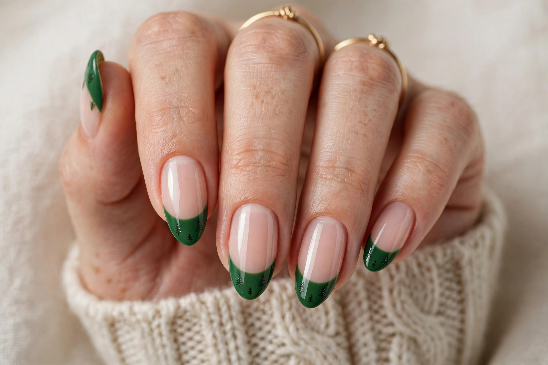 Christmas tree French tip nails with green tree silhouettes