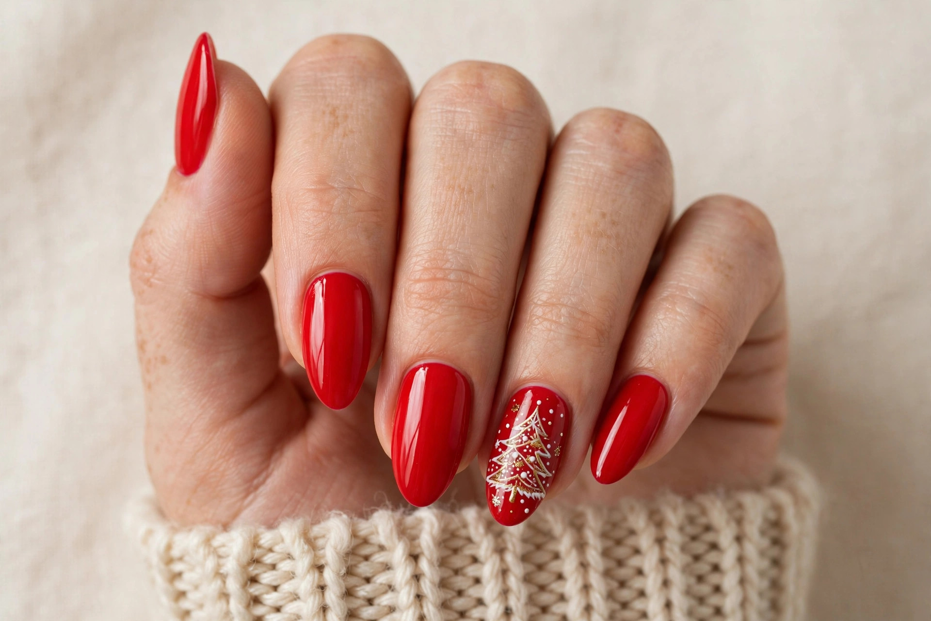 Bright red nails with Christmas tree accents in gold and white