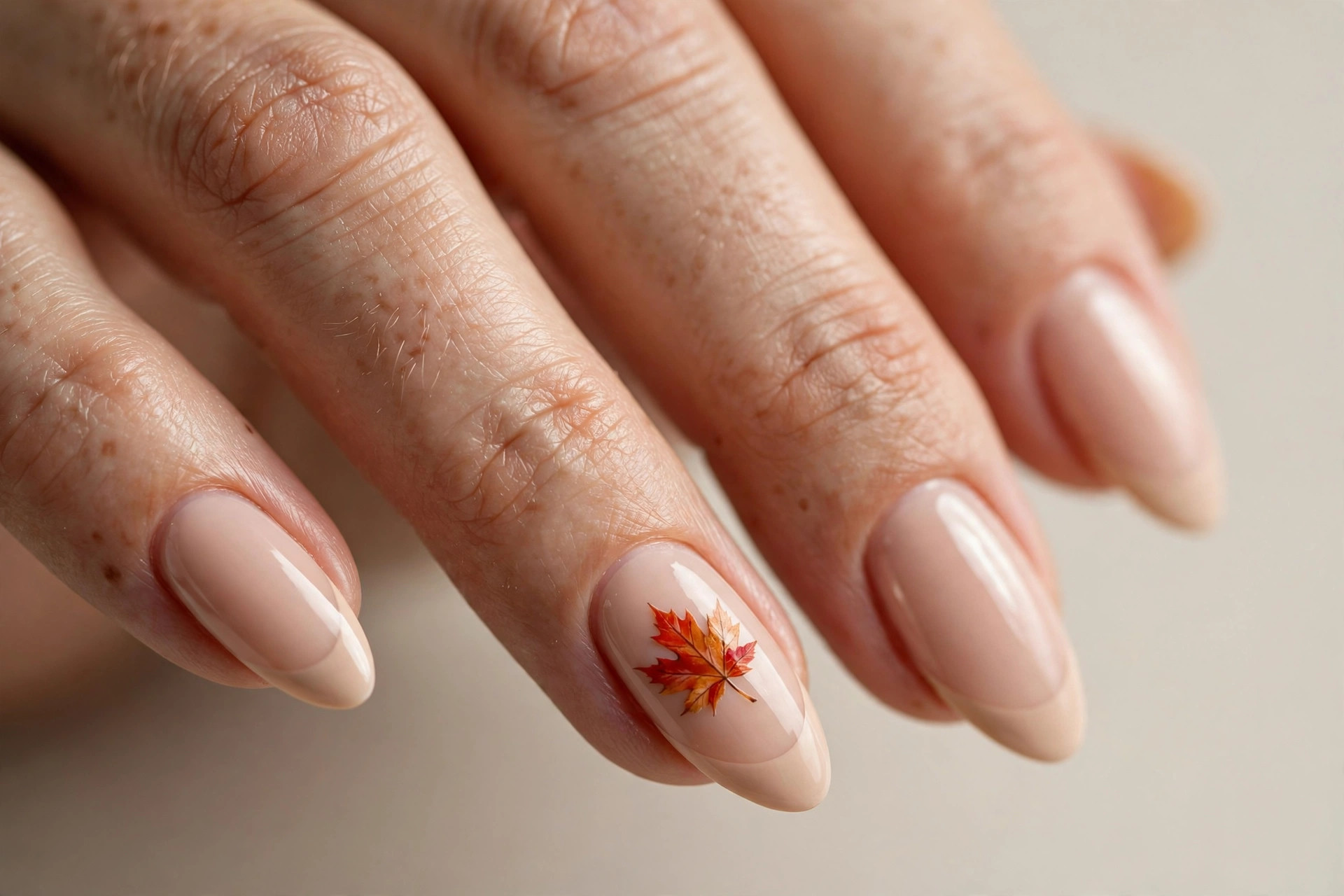 French manicure with nude tips and one accent nail with a hand-painted maple leaf in autumn colors