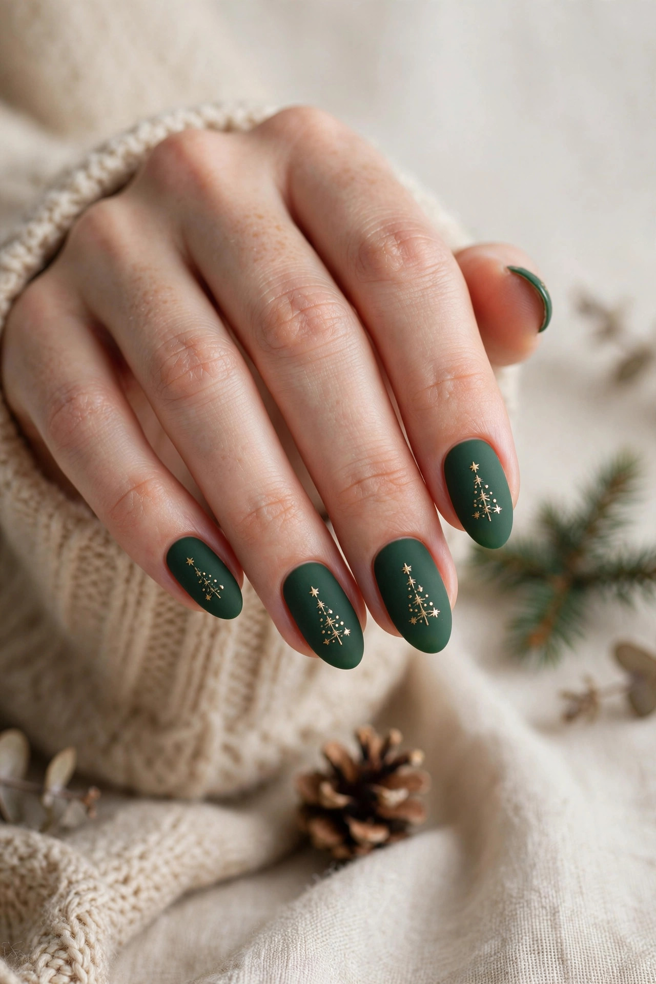 Matte forest green nails with tiny gold star Christmas trees