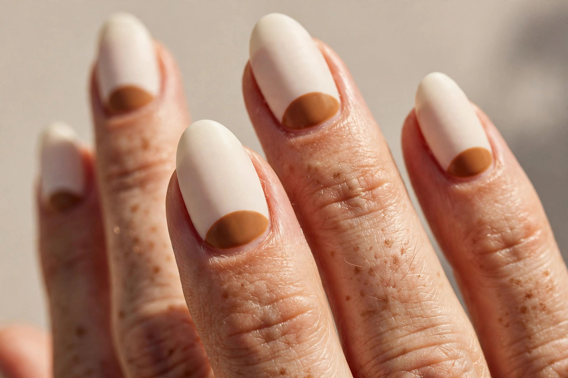 Reverse French half-moon manicure with caramel brown along the cuticle on a cream base