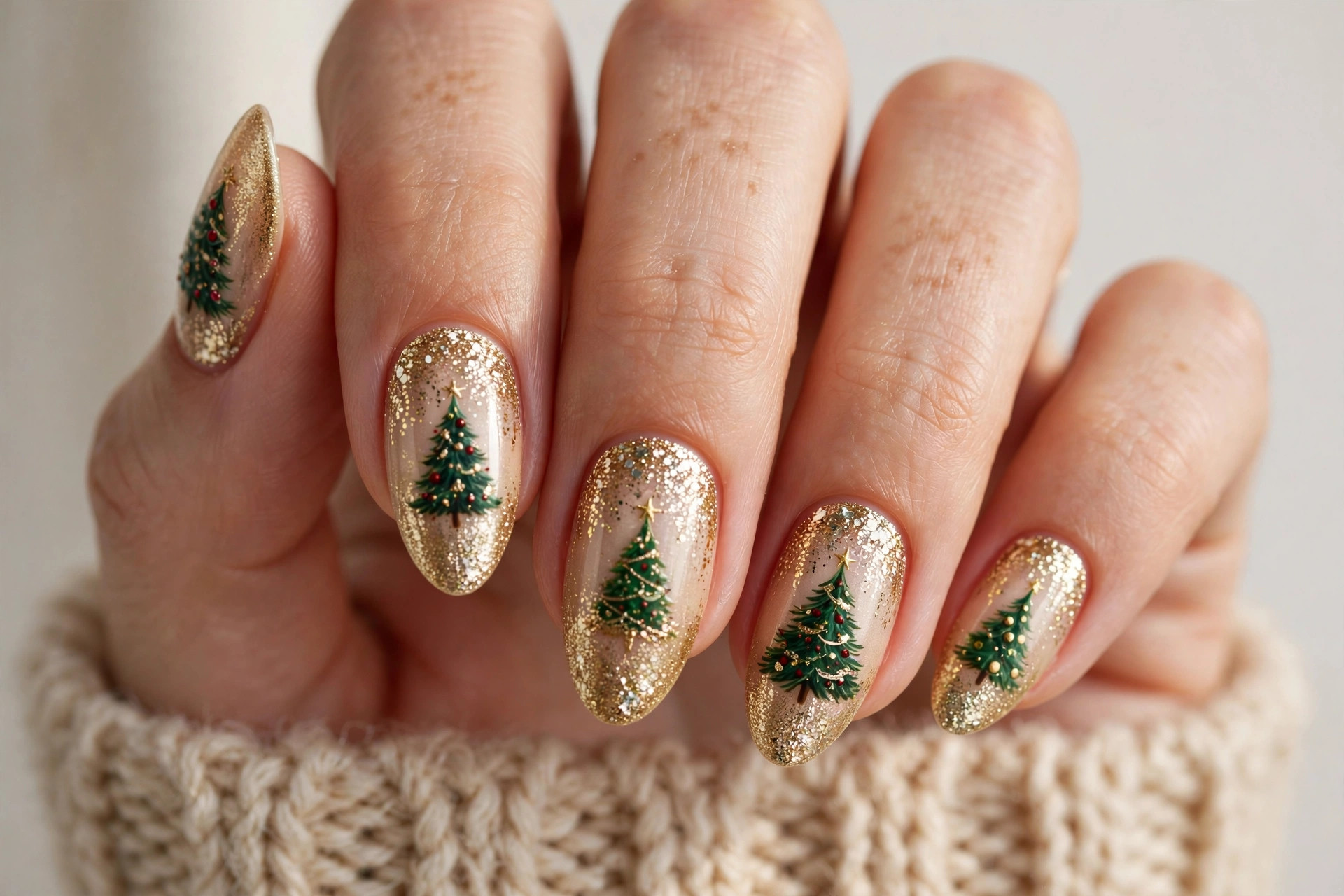 Christmas tree on almond nails with a gold glitter fade base
