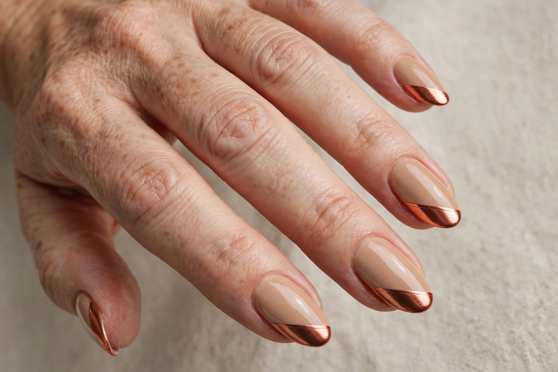 Diagonal copper metallic French tips on a warm beige base