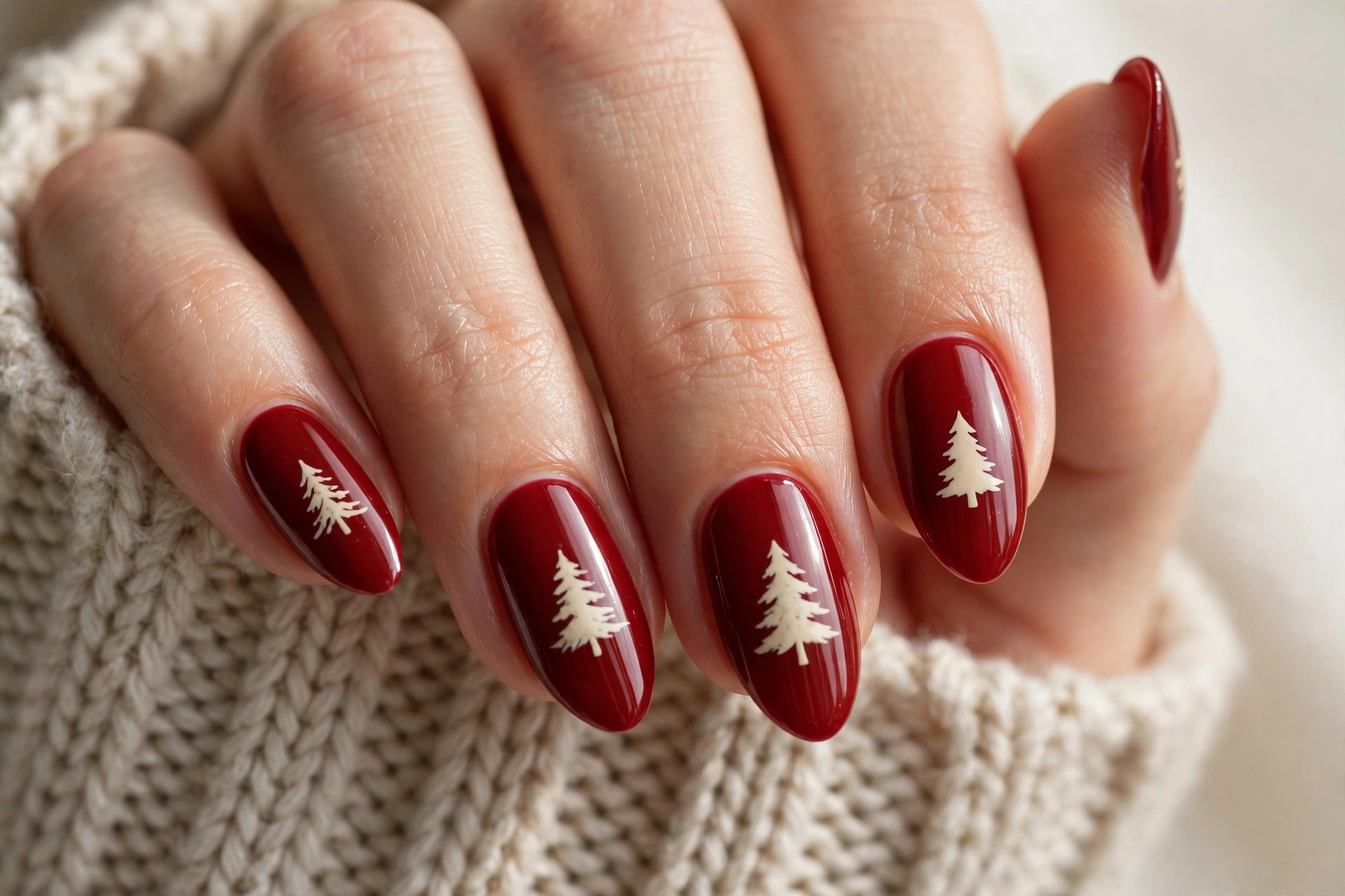 Deep red base nails with cream Christmas tree silhouettes