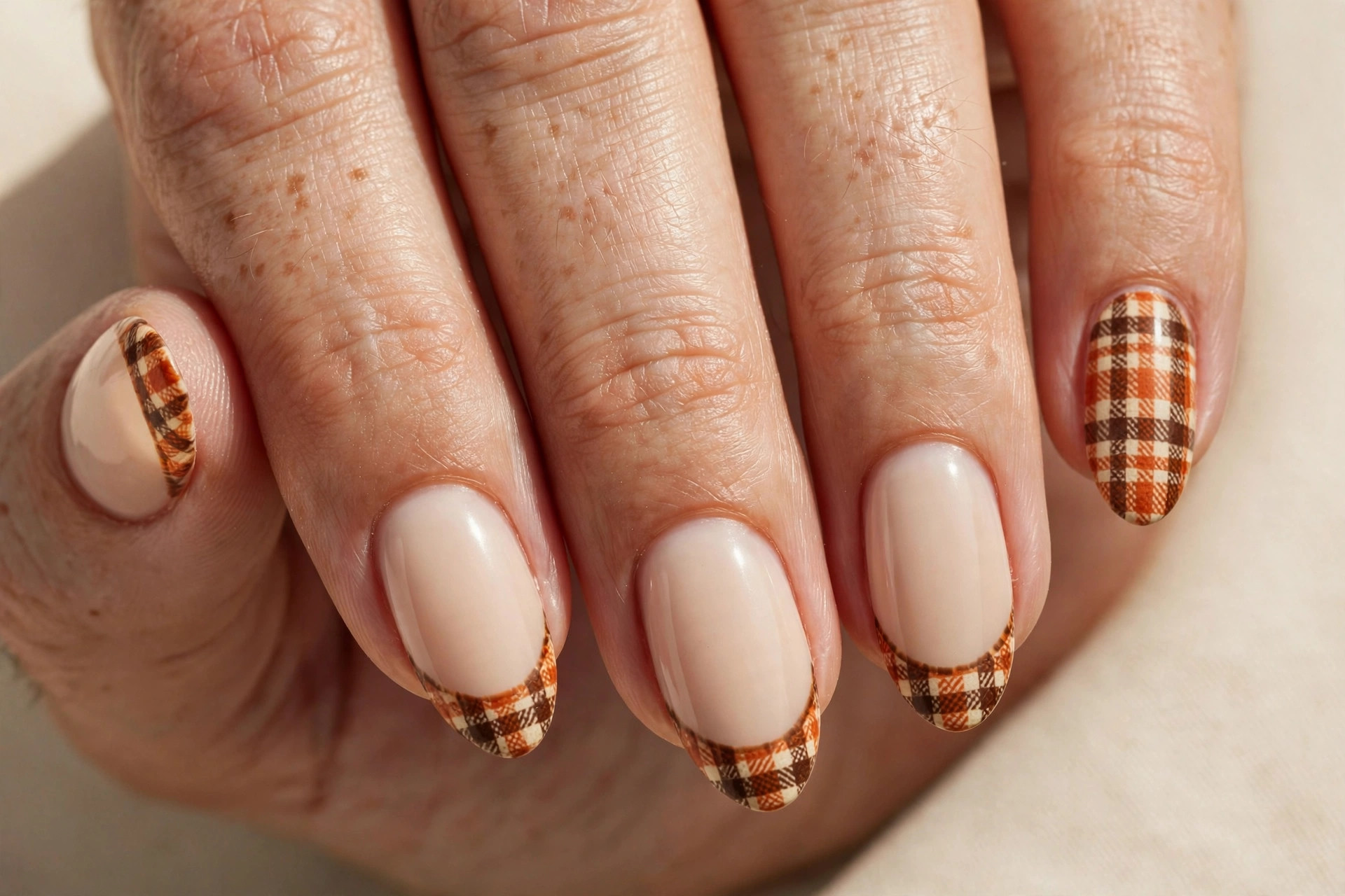 French tips with an autumn plaid pattern in orange, brown and cream