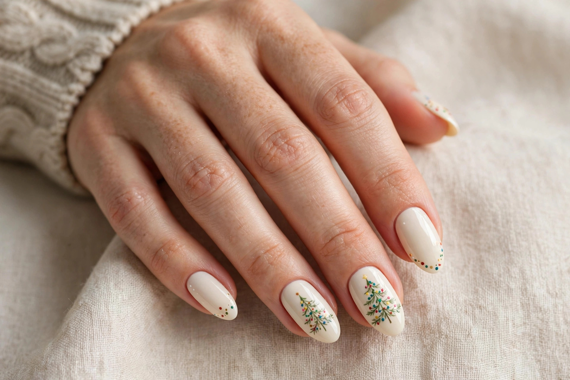 Christmas tree painted with tiny colorful dot lights on ivory nails