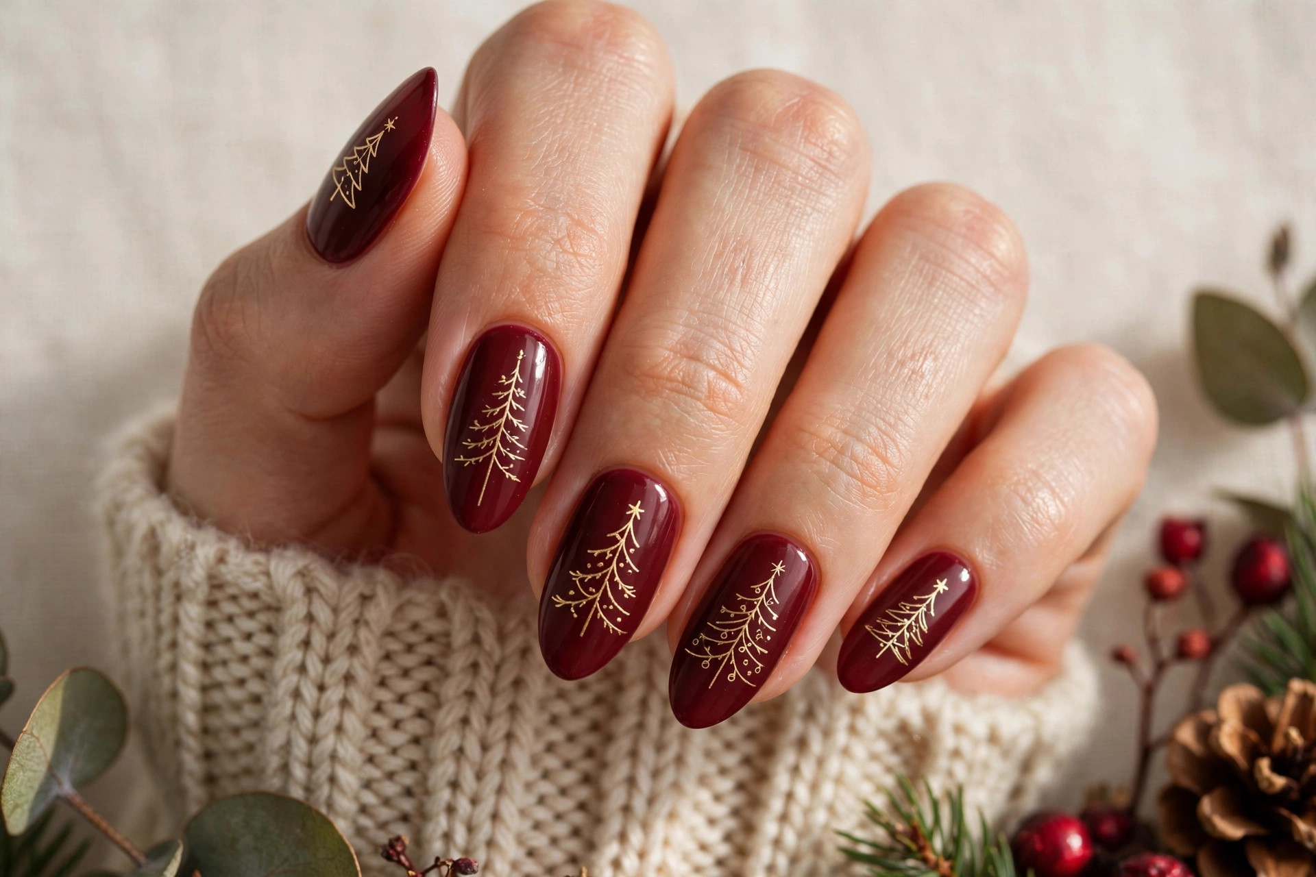 Burgundy nails with gold Christmas tree line art