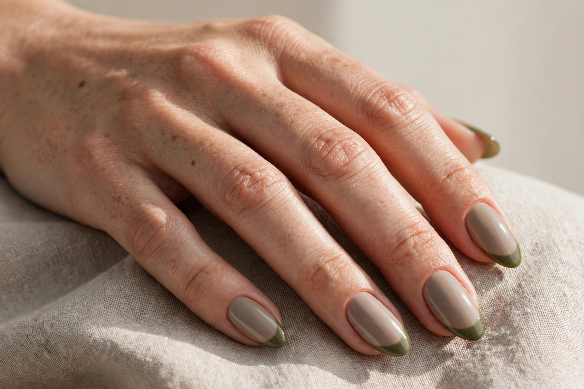 Olive green French tips on a neutral taupe base, a modern fall nail design