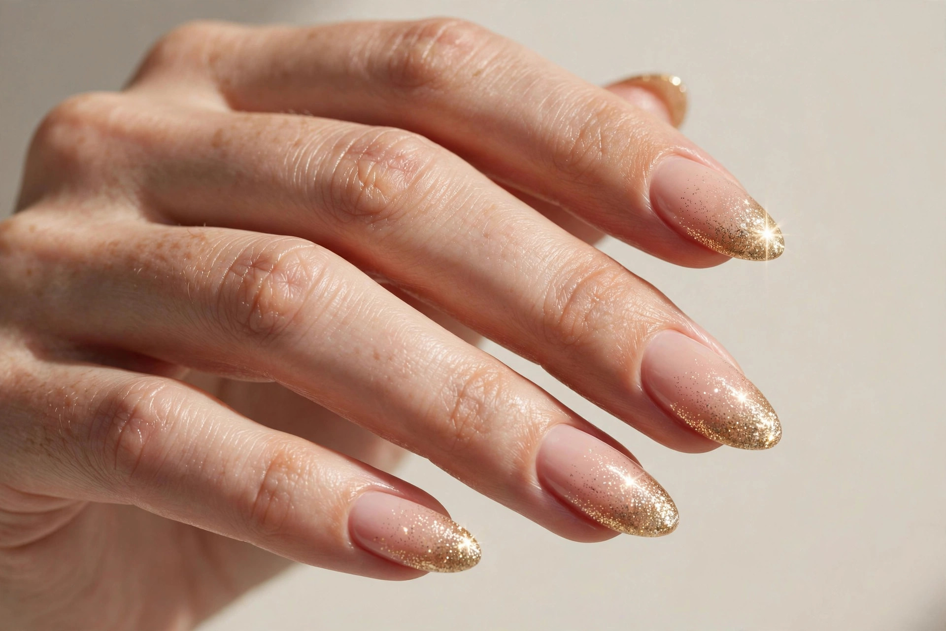 French manicure with gold glitter fading from the tips into a nude base