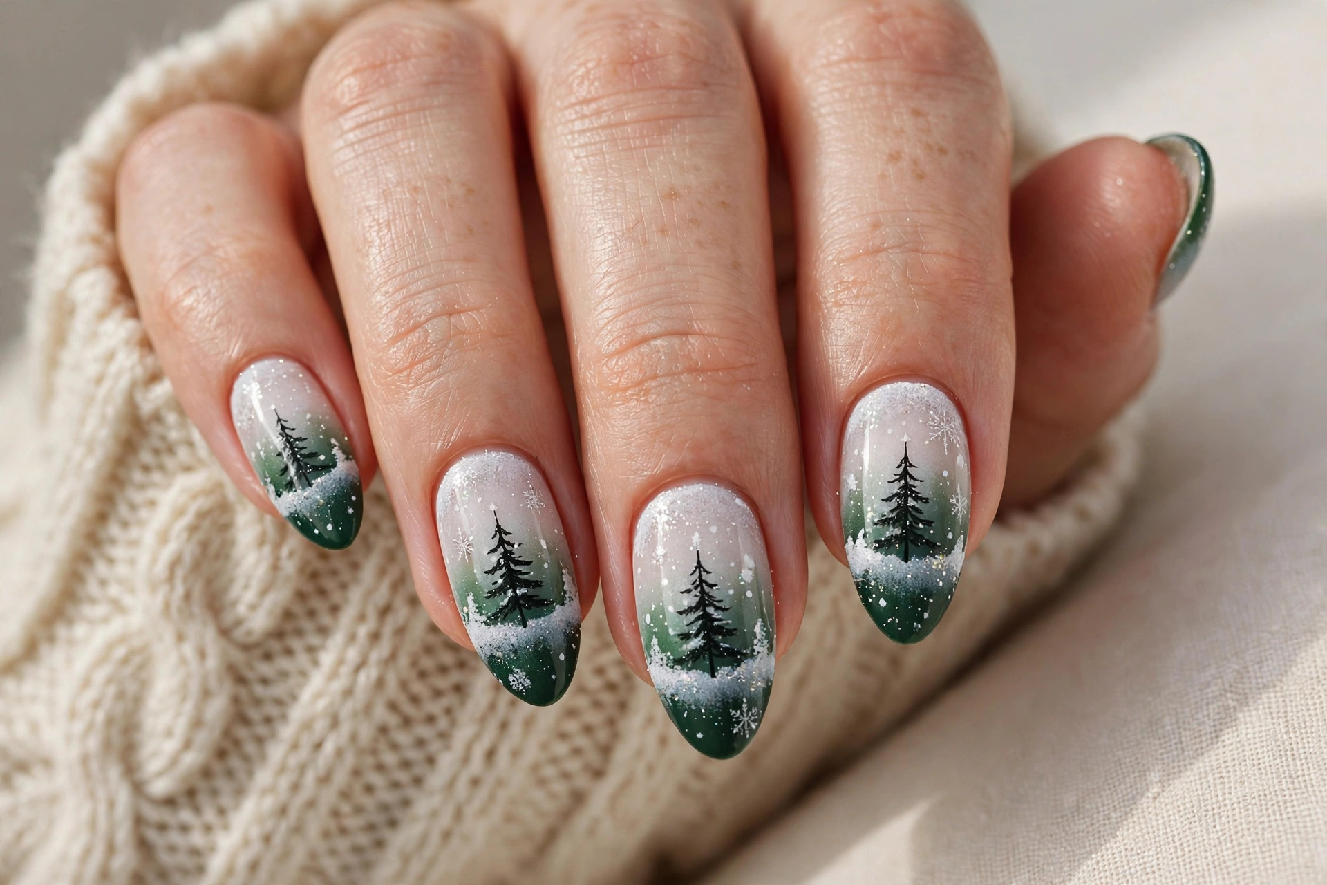 Ombre snow gradient nails with a Christmas tree silhouette