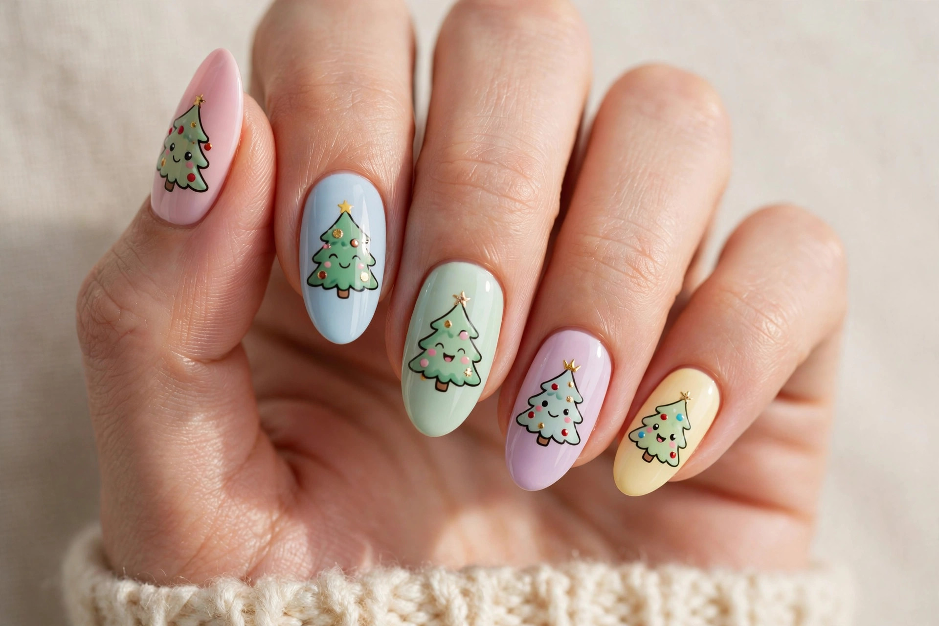 Cute cartoon Christmas trees with faces and ornaments on pastel nails