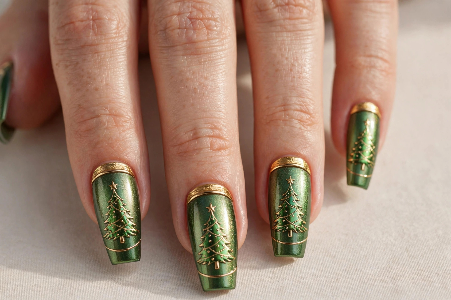 Metallic green Christmas tree on coffin nails with gold cuff accents