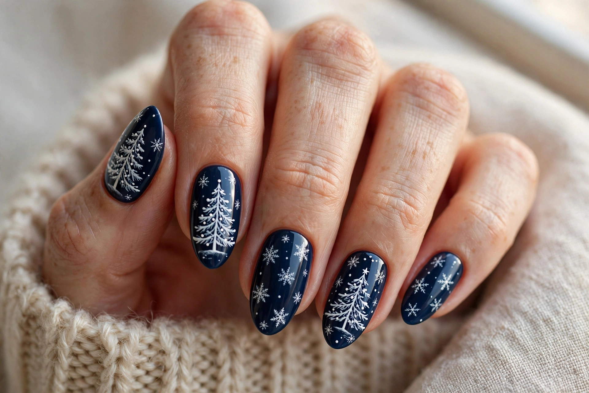White Christmas trees on deep navy blue nails with snowflakes