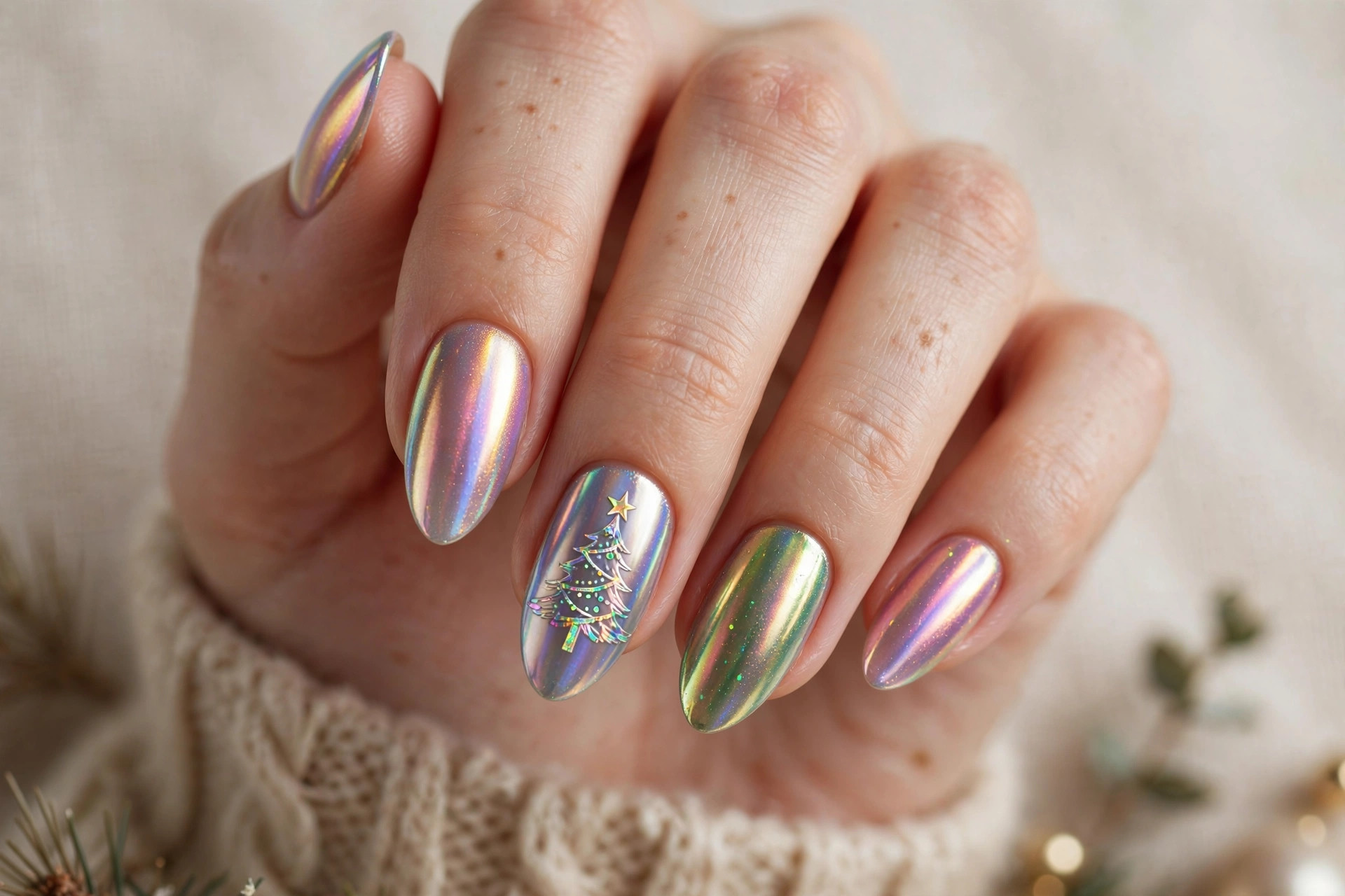 Holographic chrome Christmas tree on iridescent nails