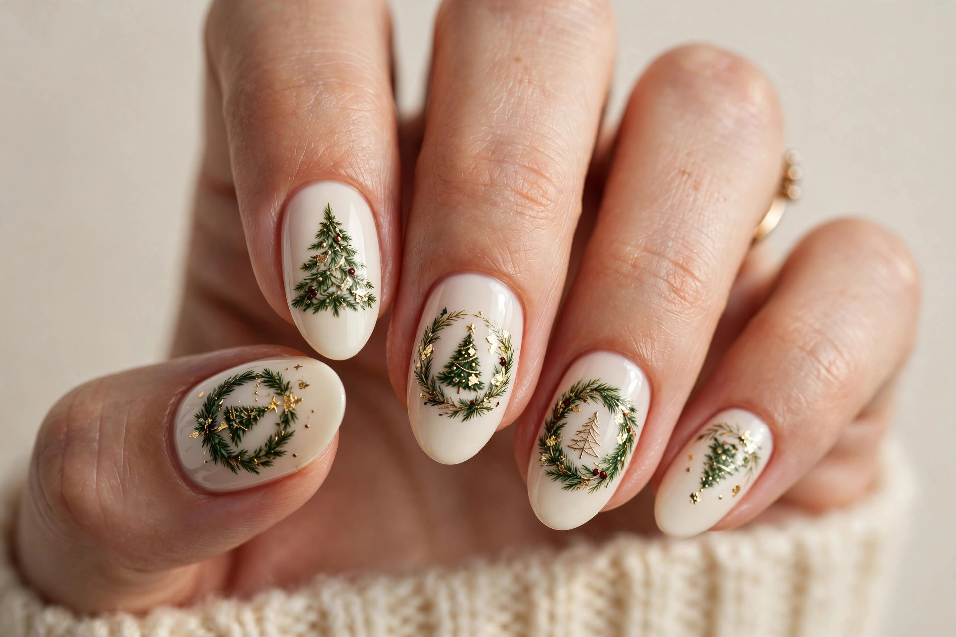 Ivory nails with evergreen wreath-inspired Christmas tree design and gold accents
