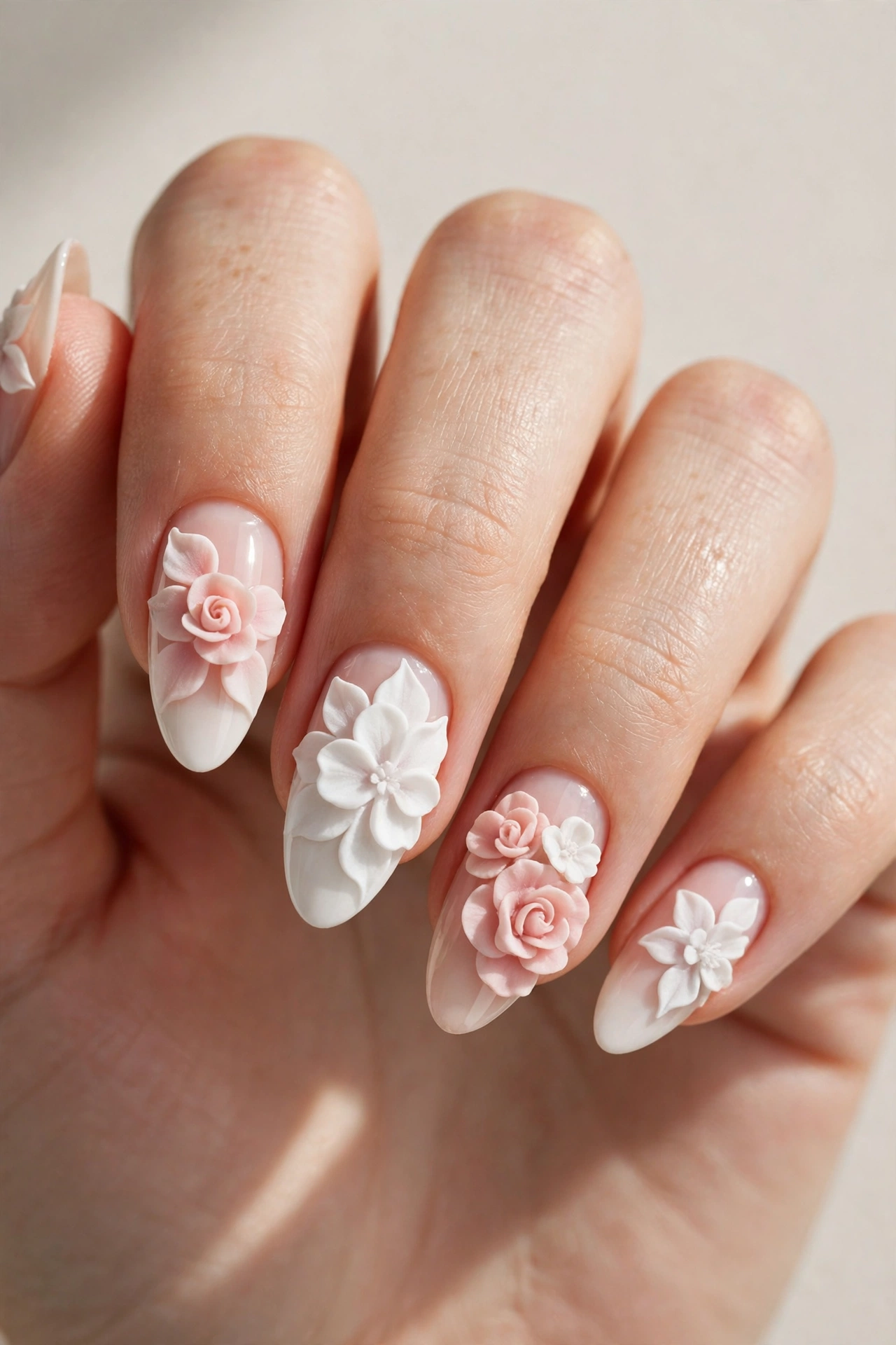 Sculpted 3D flower blossom nail art with raised pink and white acrylic petals