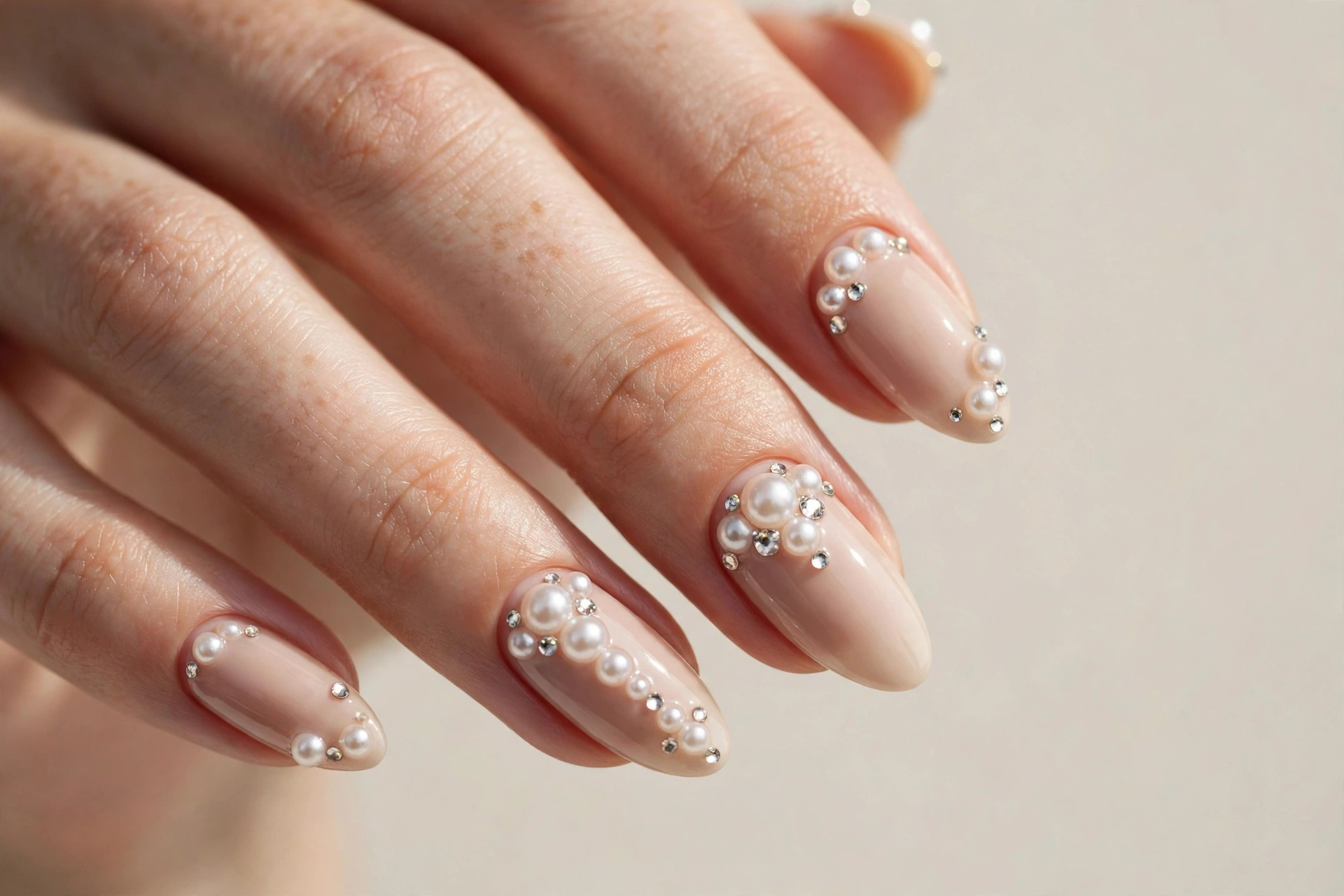 3D pearl cluster nail design with raised pearls of different sizes on nude nails