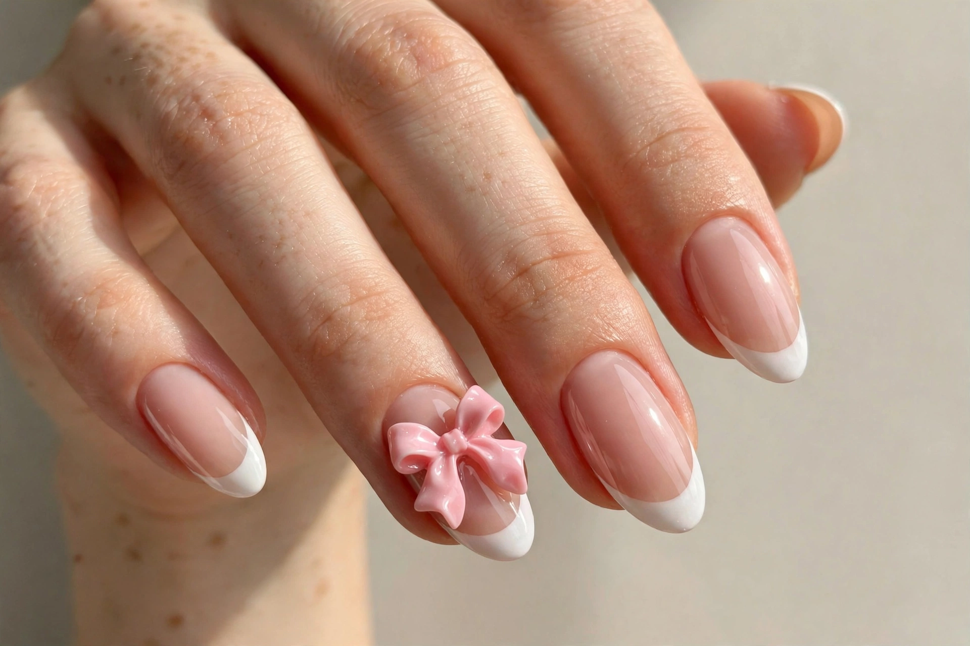 3D bow nail design with raised sculpted bows on French tip nails