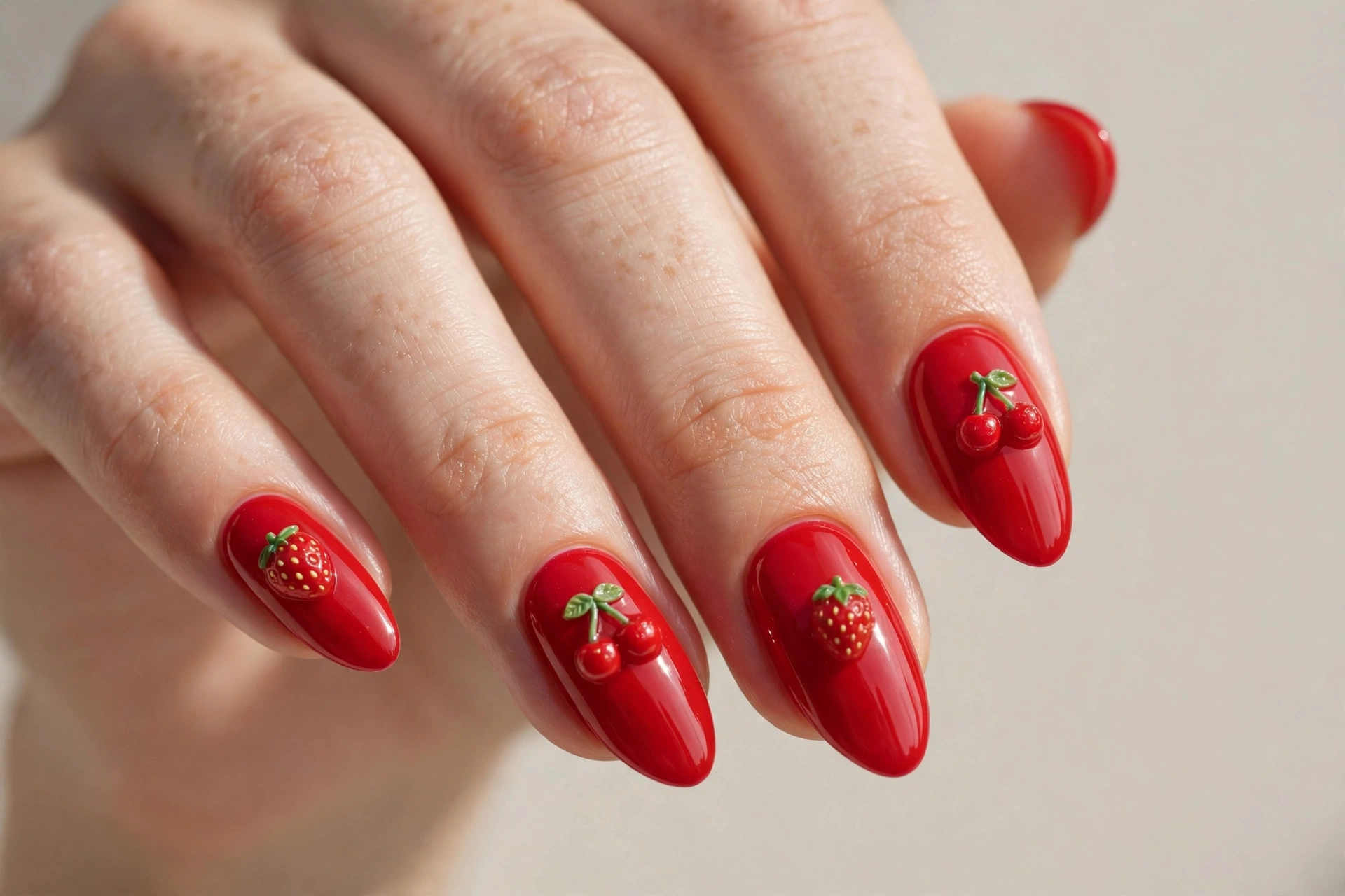 3D fruit charm nails with tiny sculpted cherries and strawberries on glossy red nails
