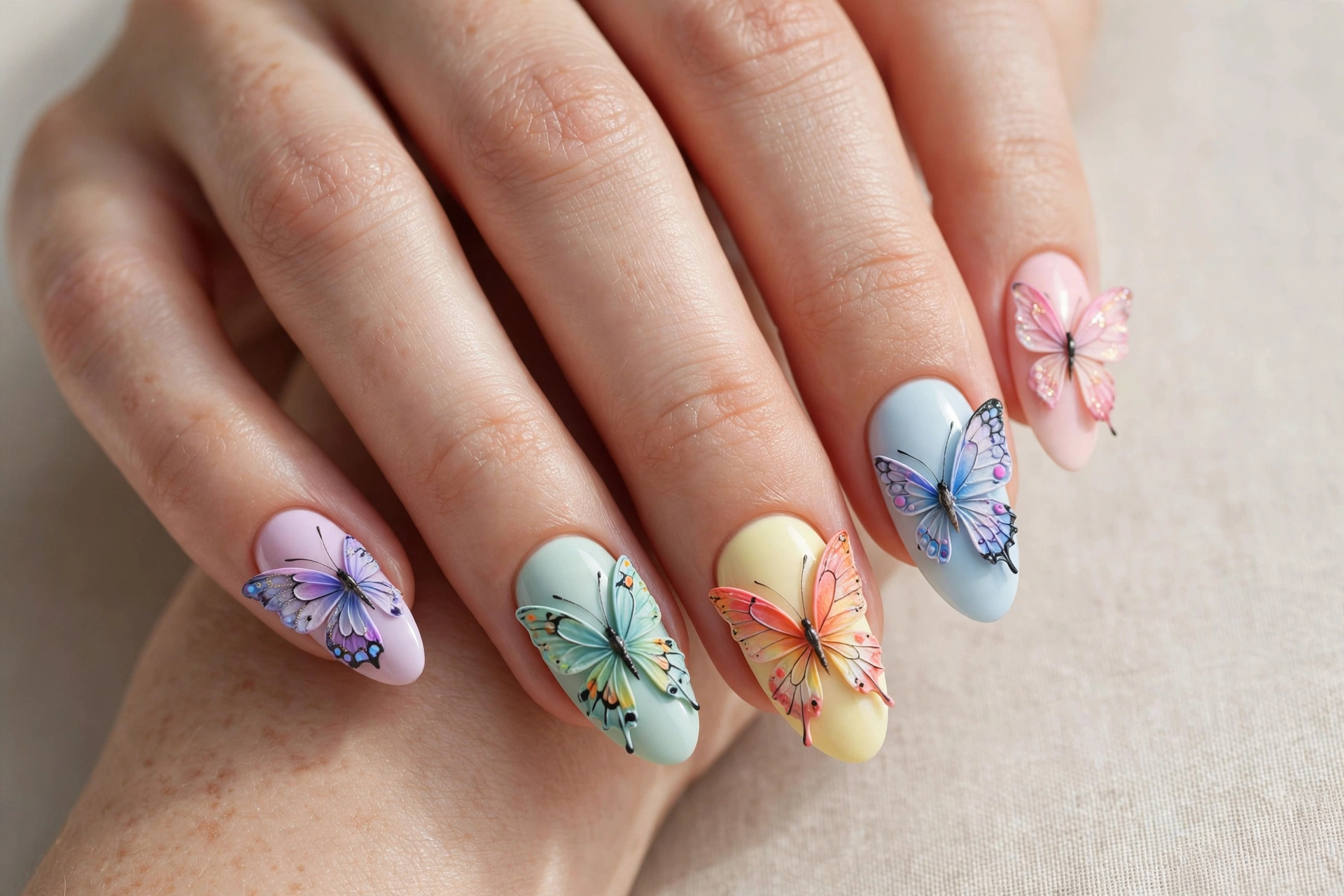 3D butterfly wing nail art with raised colorful wings on pastel nails