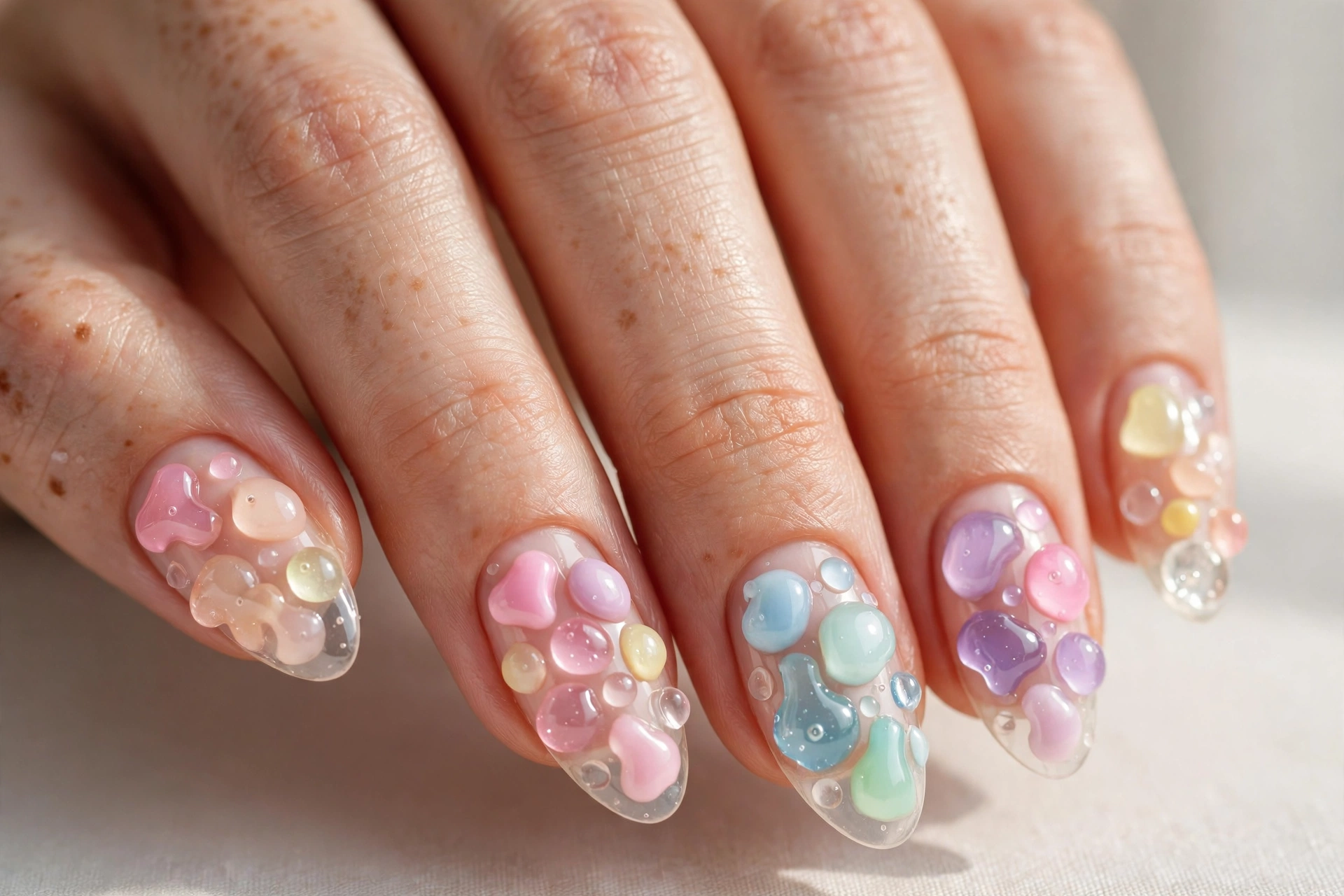 3D jelly blob nails with translucent squishy gel blobs in candy colors