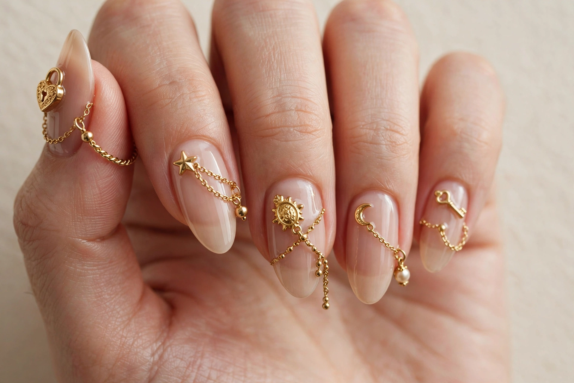 3D gold charm and chain nail design with jewelry embellishments on nude nails