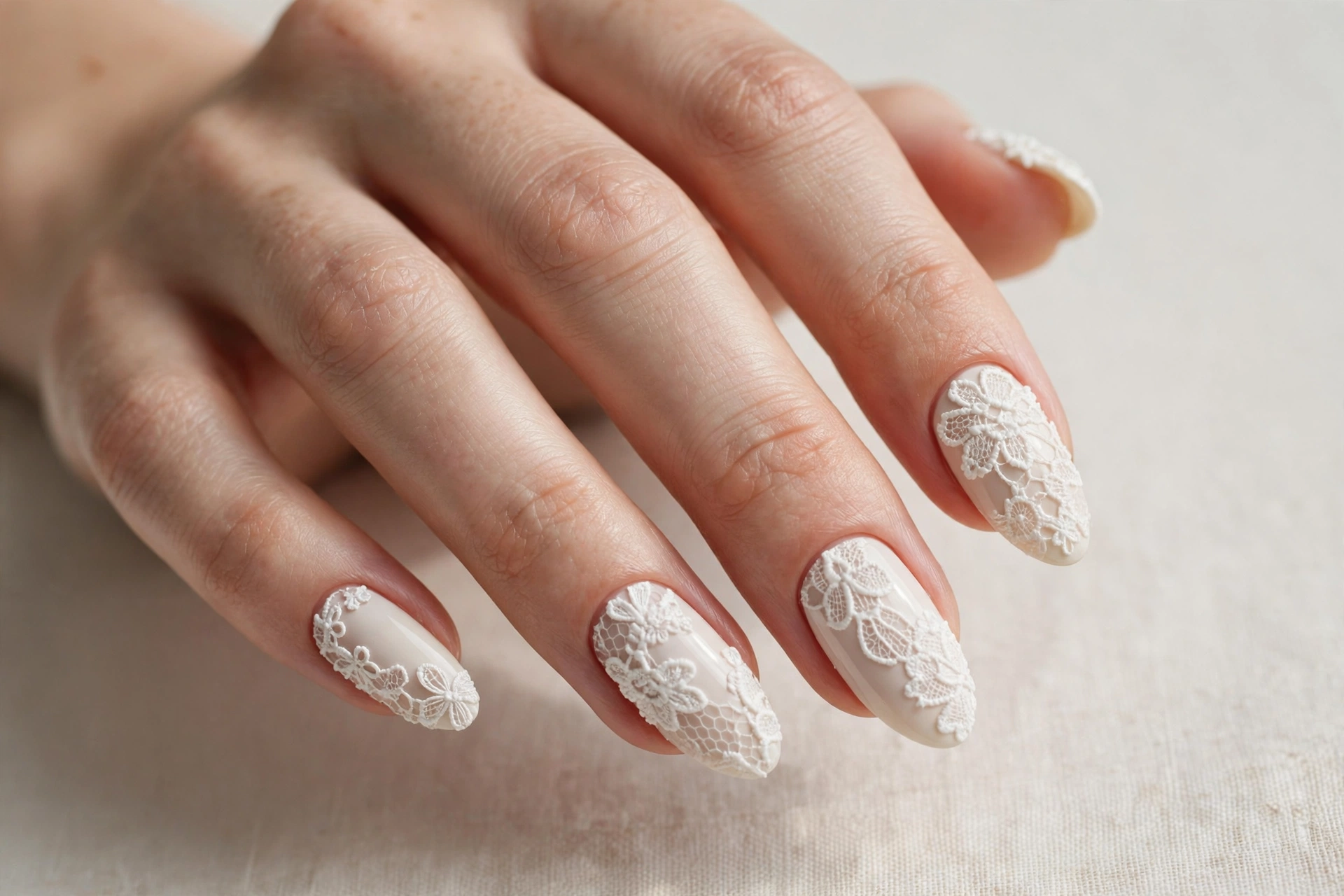 3D lace applique nail art with raised white lace patterns on ivory nails