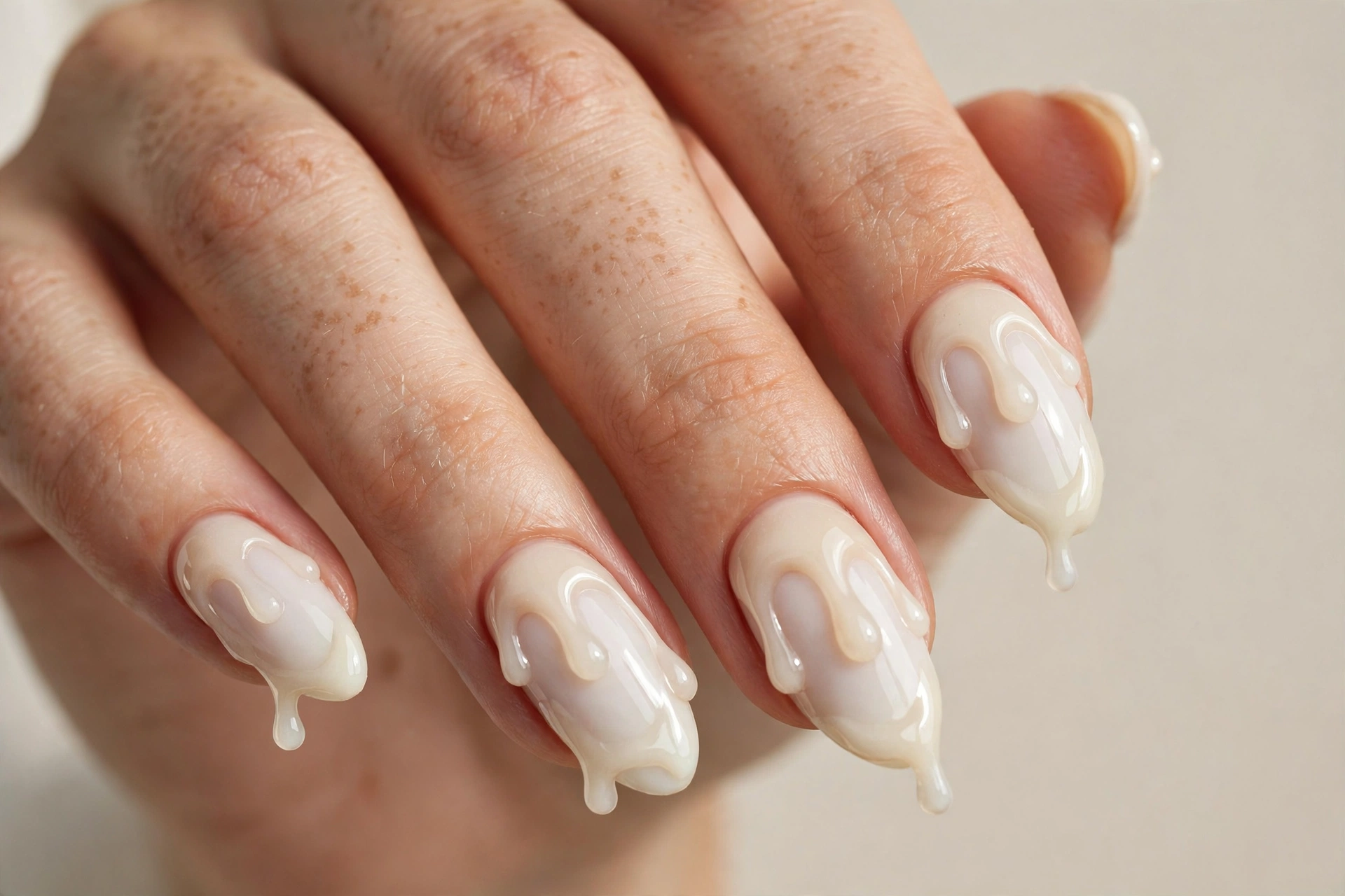 3D glazed donut drip nails with raised glossy glaze over milky white nails