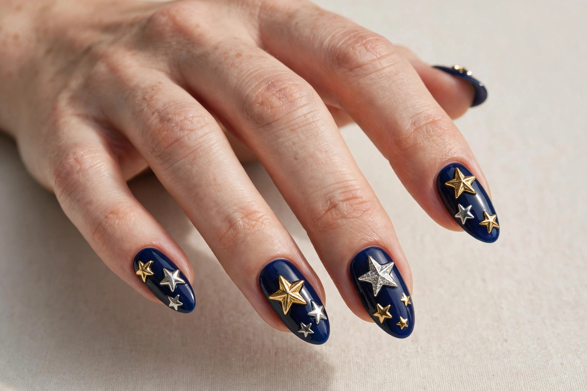 3D star embellishment nails with raised metallic stars on deep navy nails