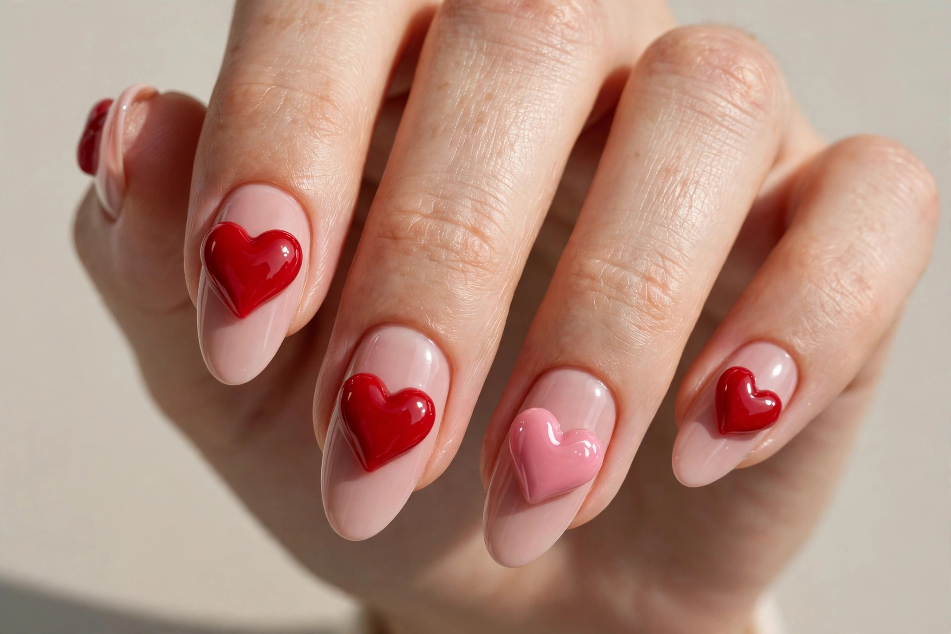 3D heart charm nails with raised glossy hearts on blush pink nails