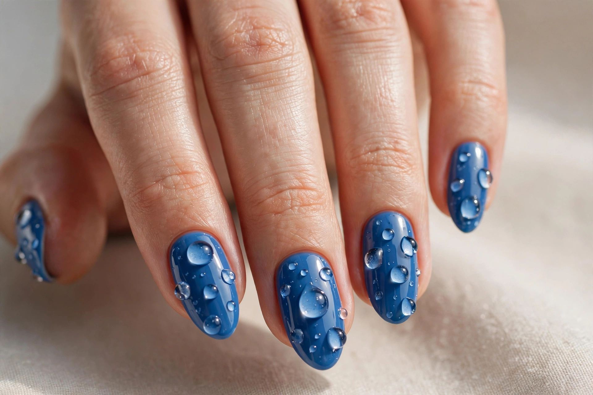 3D water droplet nails with raised clear droplets on glossy blue nails