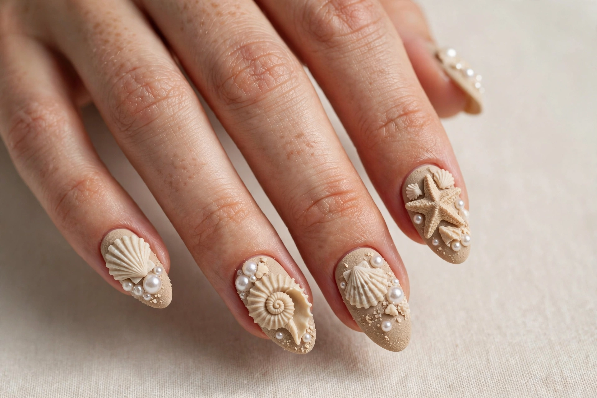 3D seashell nail design with raised shells and pearls on sandy beige nails