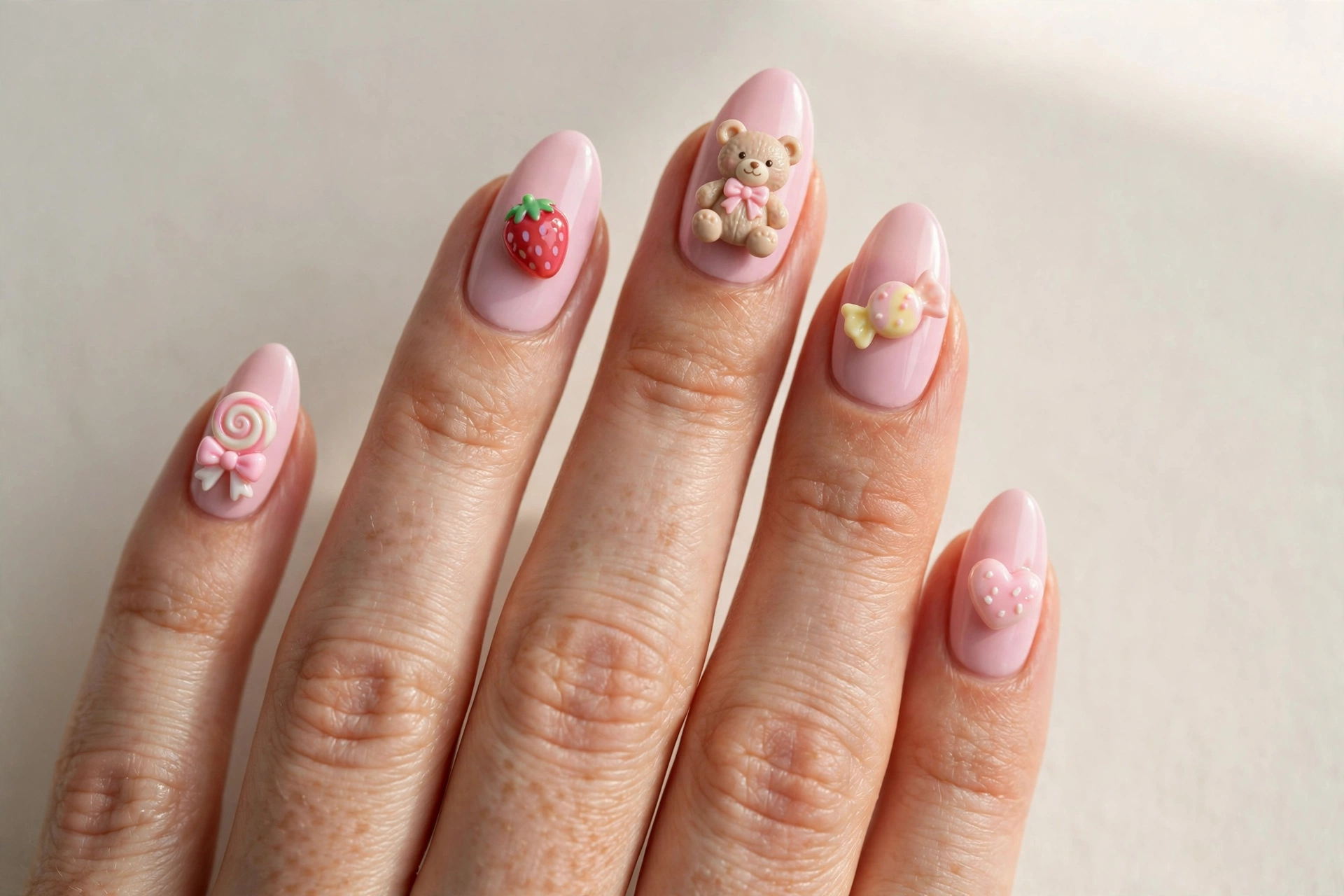 3D kawaii charm nails with tiny teddy bears and candy sculptures on pastel pink nails
