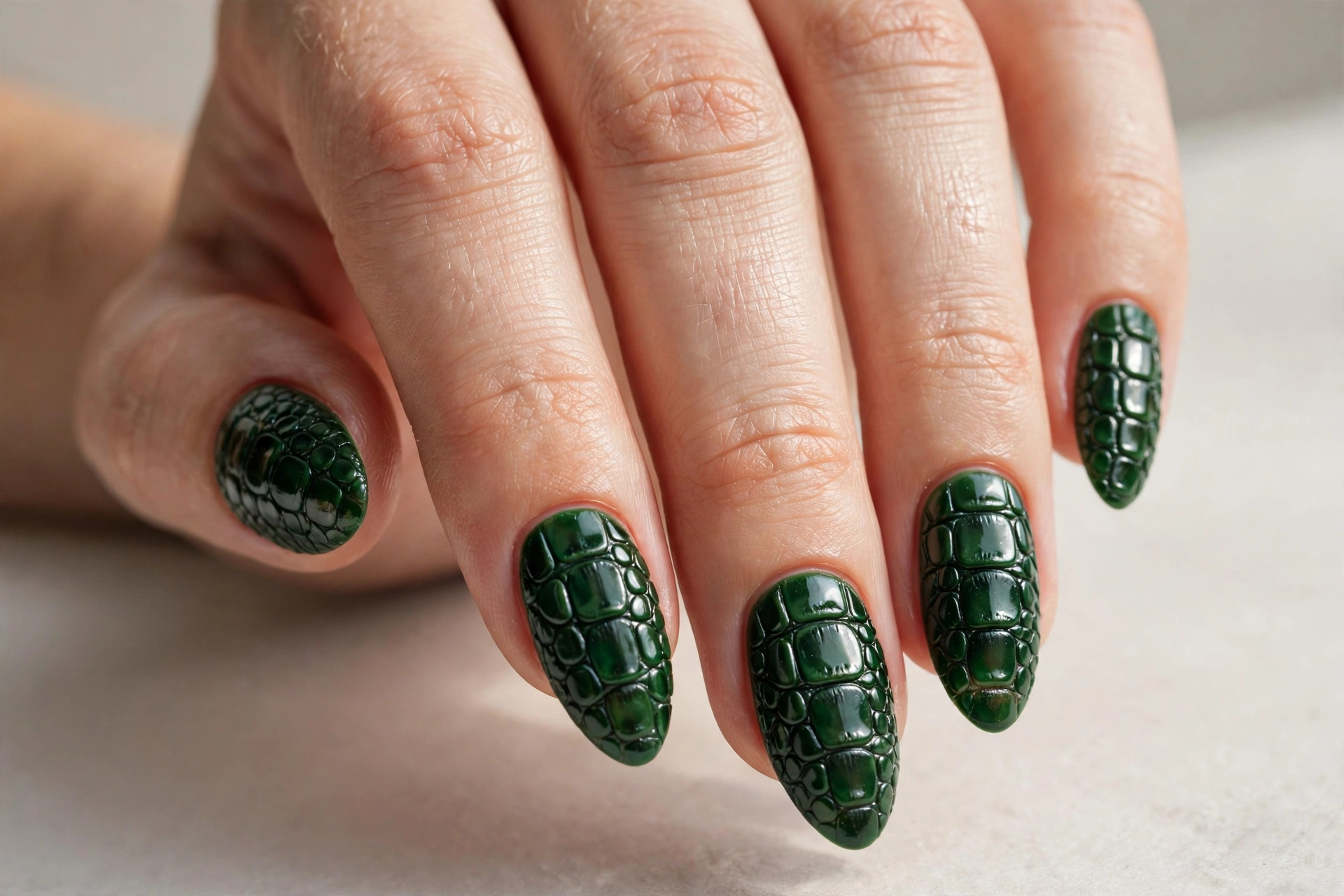 3D crocodile texture nails with raised reptile scales in glossy deep green