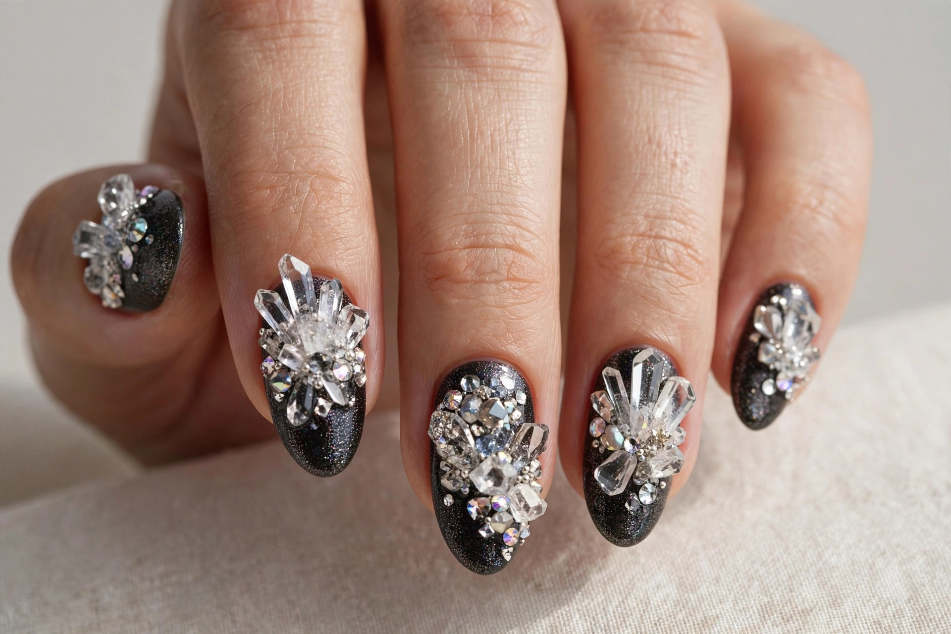 3D crystal cluster nails with raised sparkling crystals on dark glitter nails