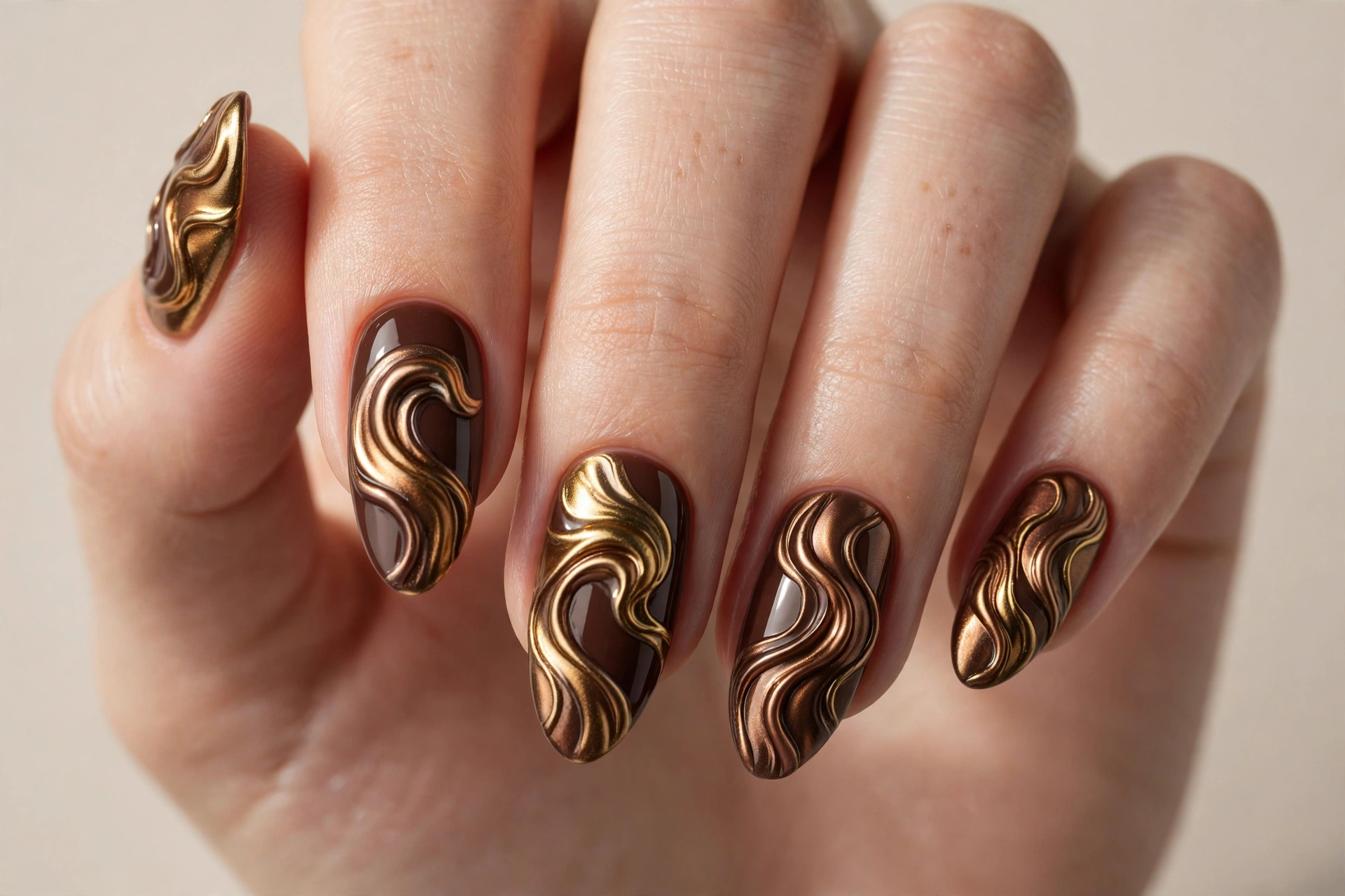 3D metallic wave nails with raised liquid gold waves on chocolate brown nails